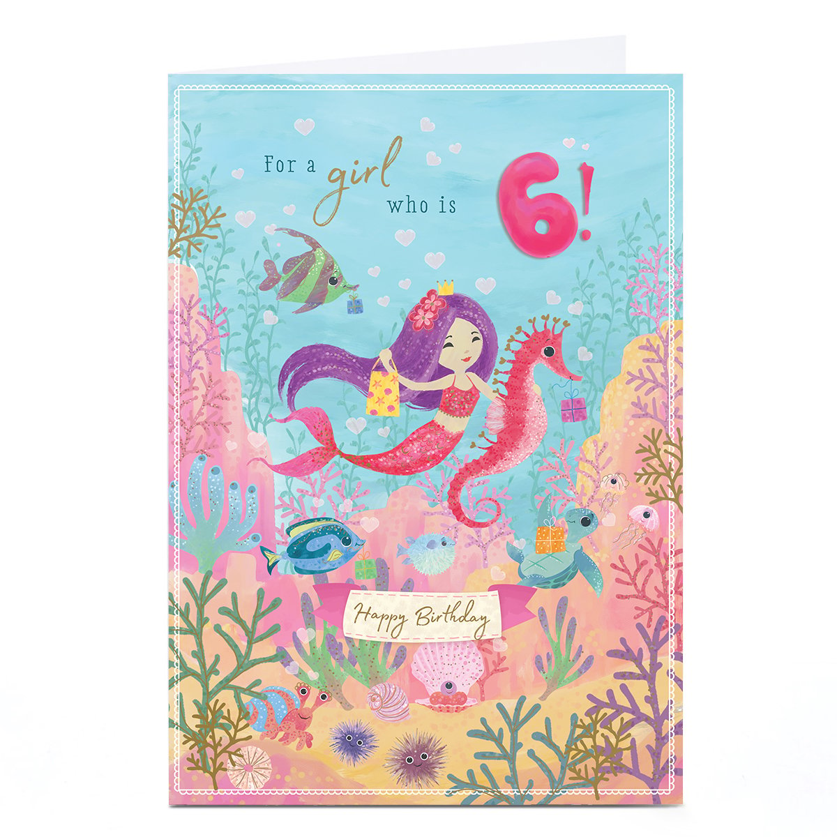 Personalised 6th Birthday Card - Mermaid and Seahorse