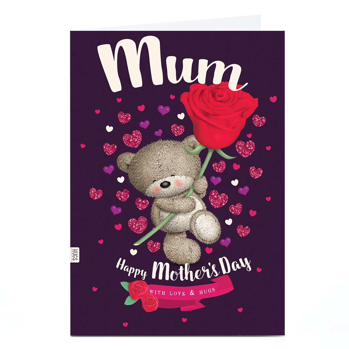 Personalised Hugs Mother's Day Card - Bear with Rose, Mum