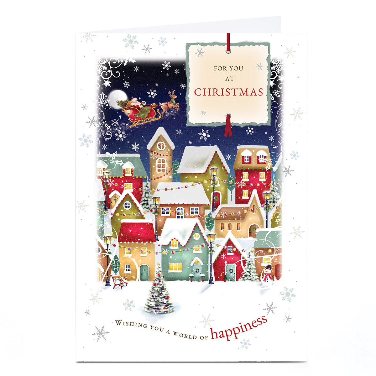 Personalised Christmas Card - Santa Flying Over Sleepy Village