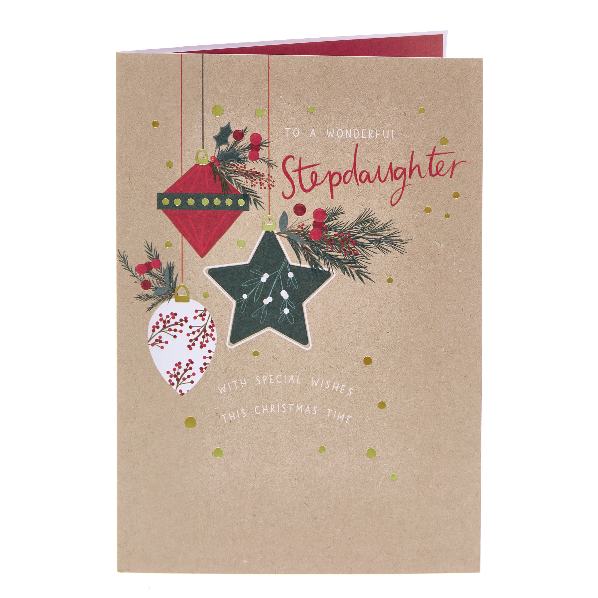 Wonderful Stepdaughter Baubles Christmas Card