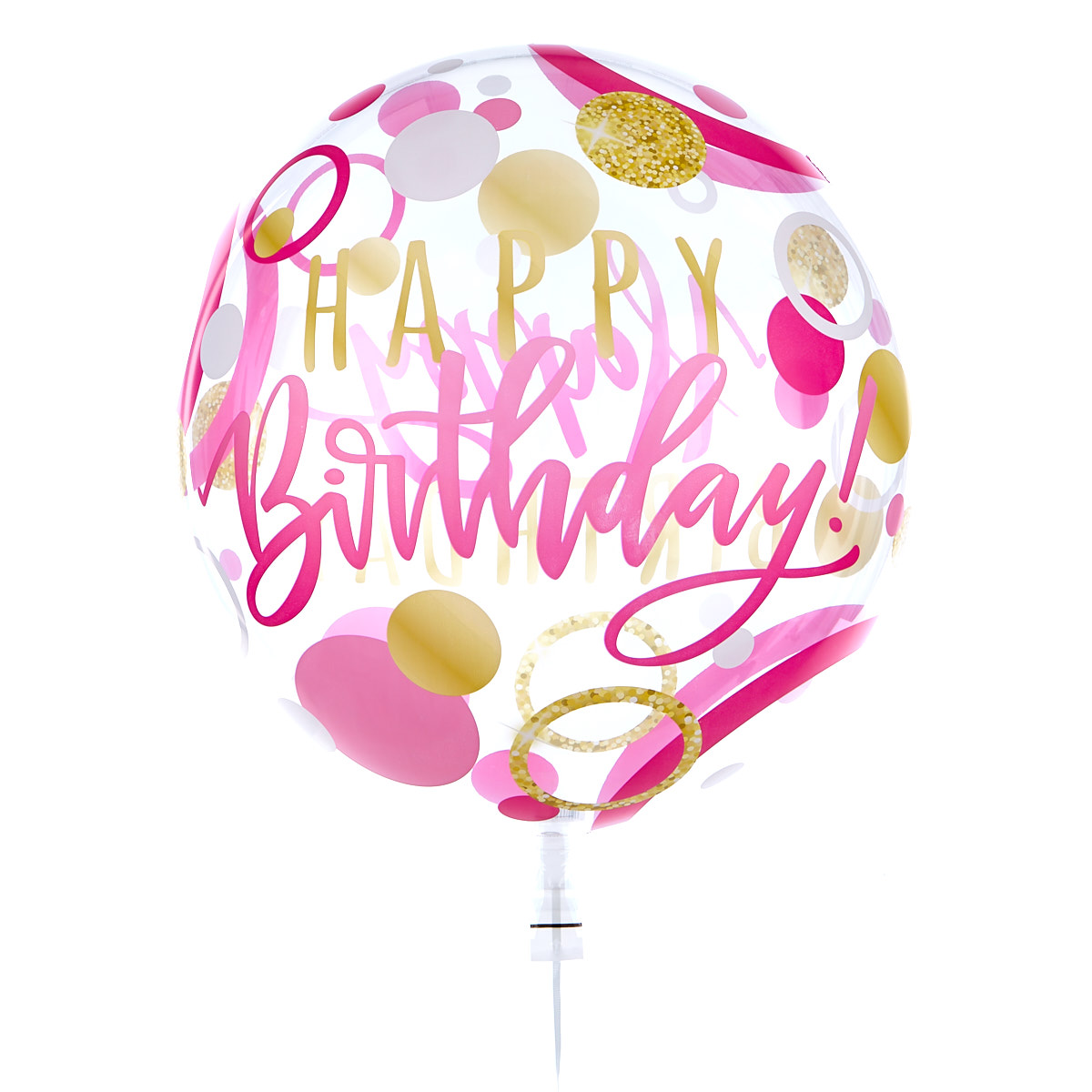 22-Inch Bubble Balloon - Happy Birthday, Pink & Gold Spots - DELIVERED INFLATED!