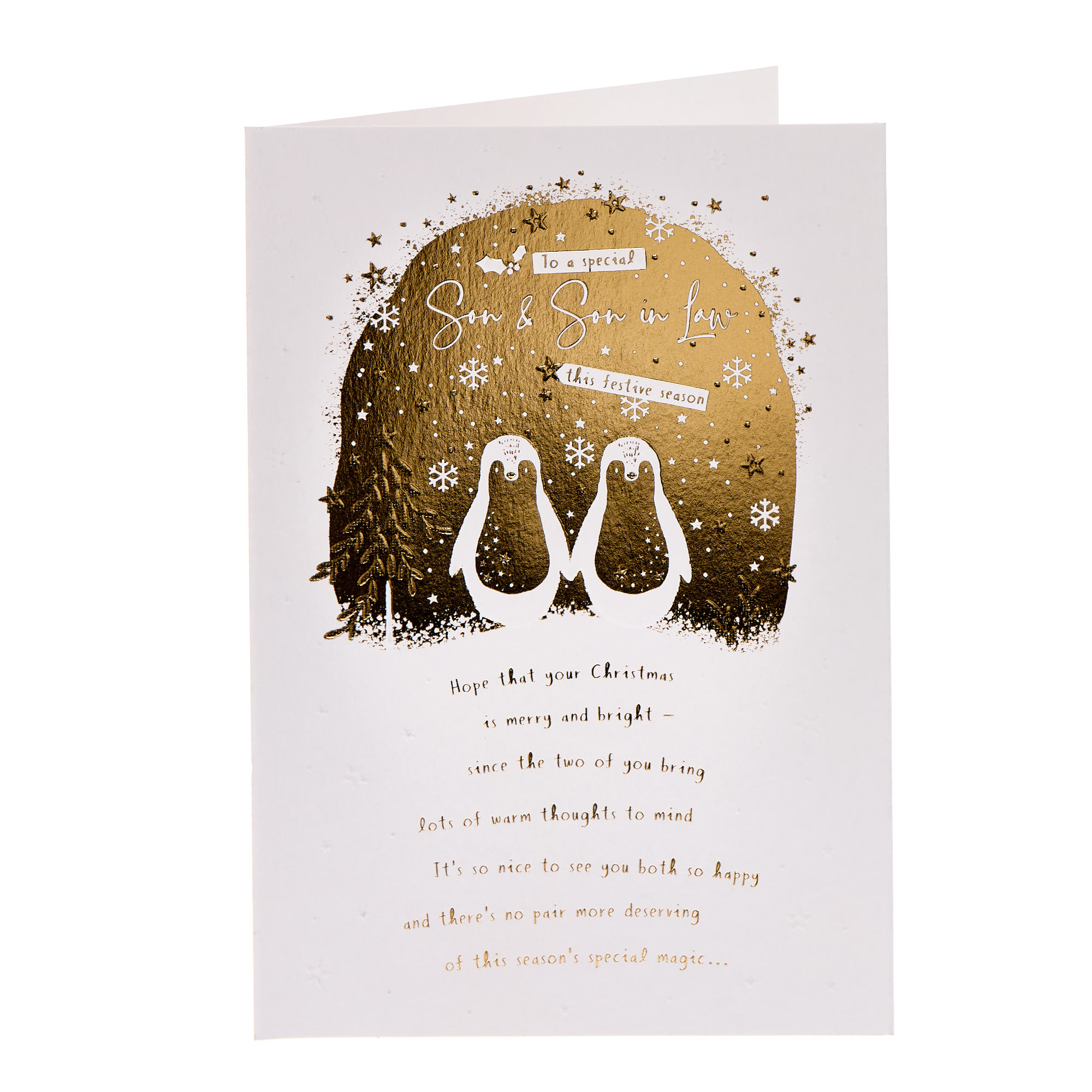 Son & Son in Law Gold & White Penguins Christmas Card