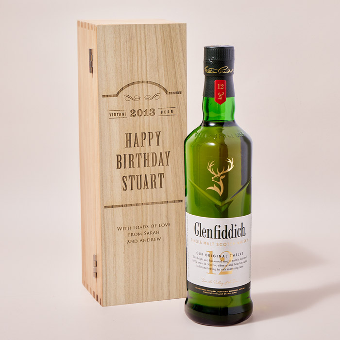 Personalised Glenfiddich Wooden Whisky Gift Box - Happy Birthday, Vintage Year