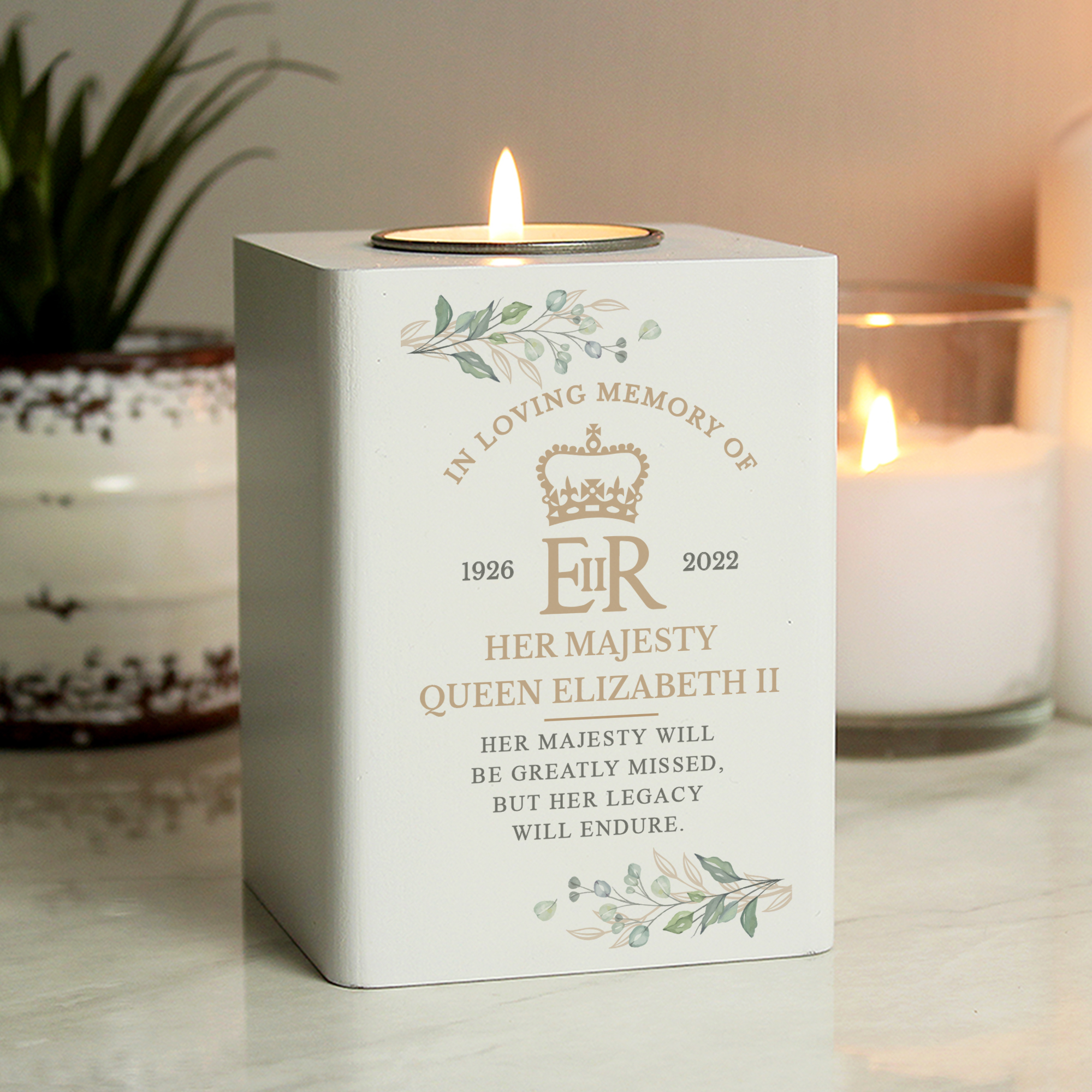 Personalised Commemorative Queen Elizabeth II Wooden Tea Light Holder