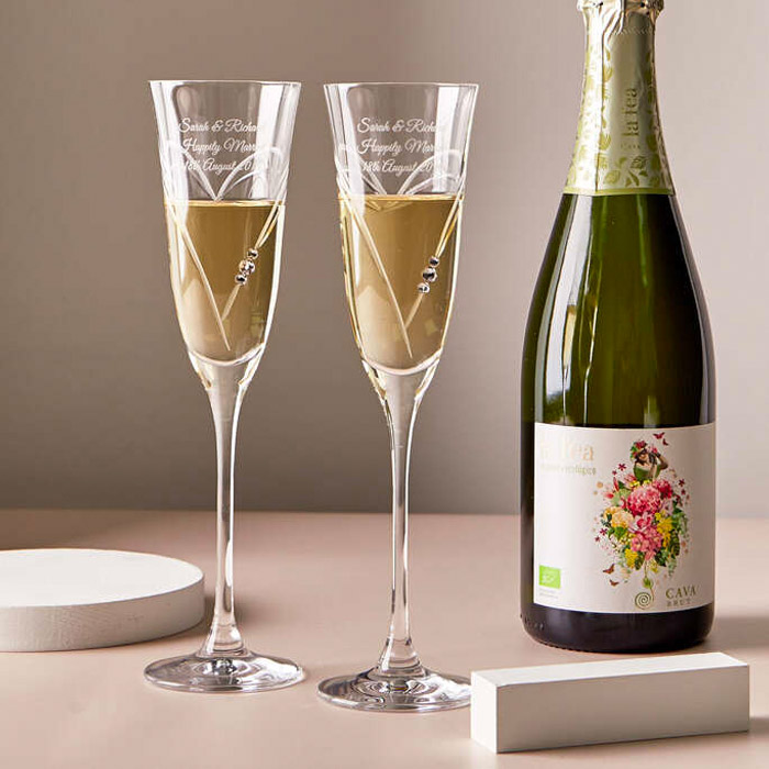 Engraved Set Of Two Beloved Heart Champagne Flutes Embellished with Crystals