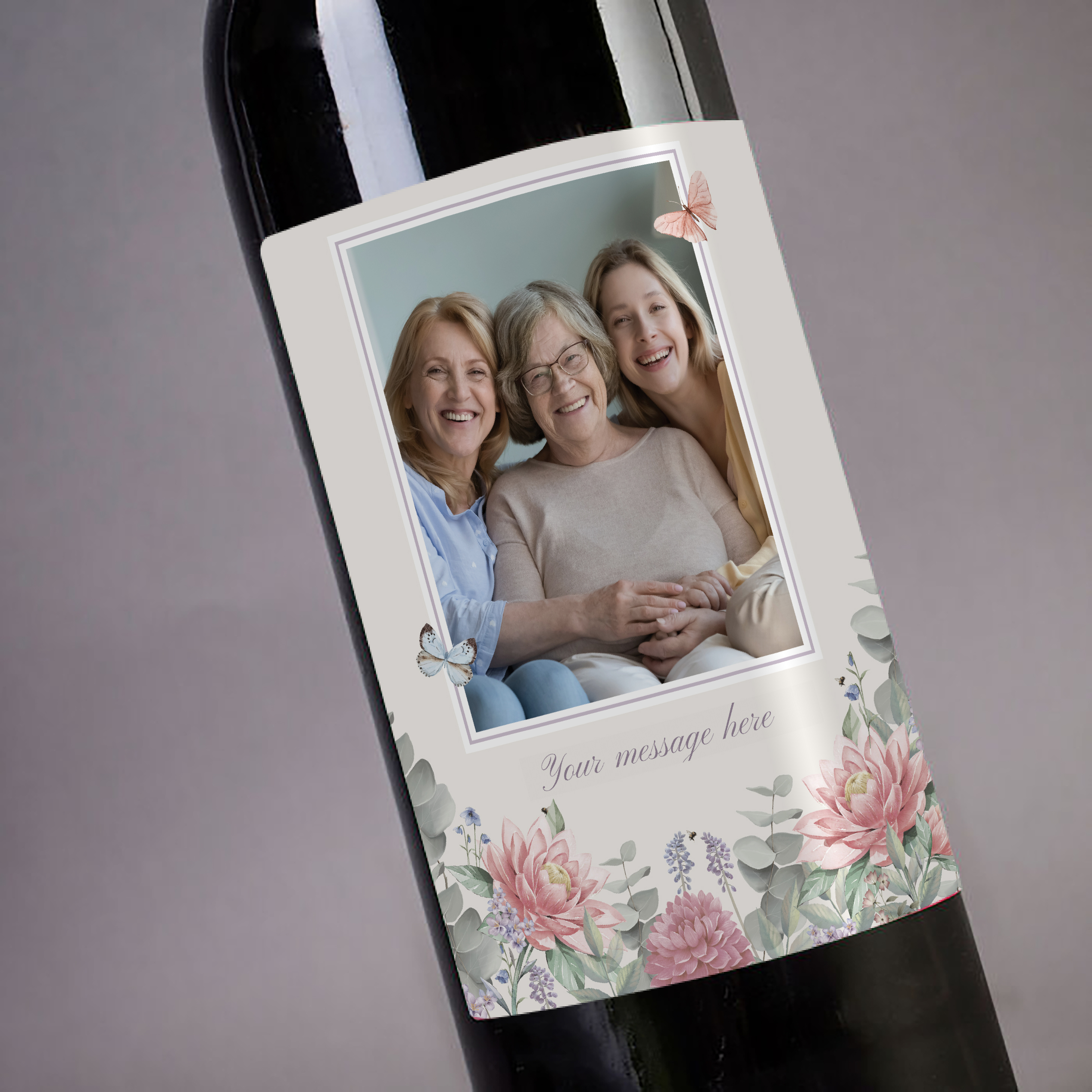 Personalised Photo Upload Wine - Traditional Script and Flowers