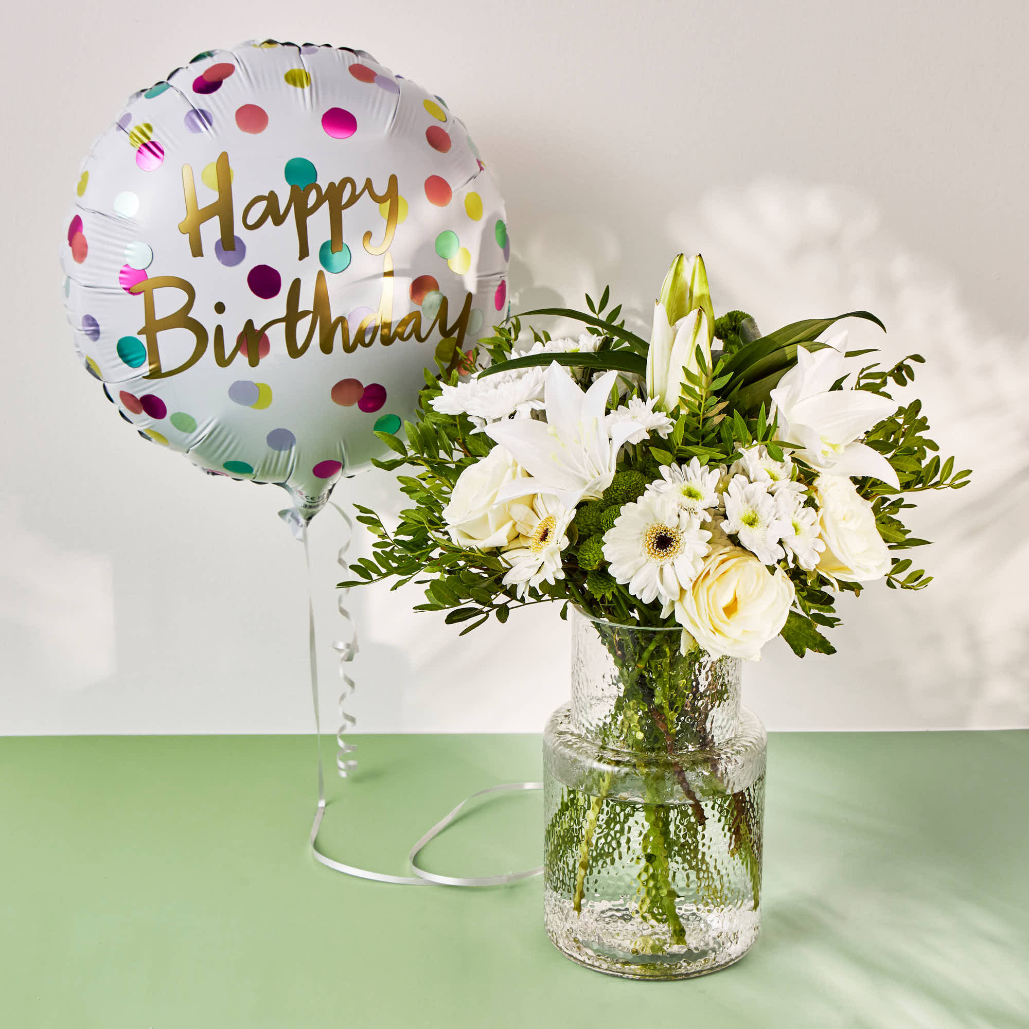 Happy Birthday Balloon & White Simplicity Flower Bouquet