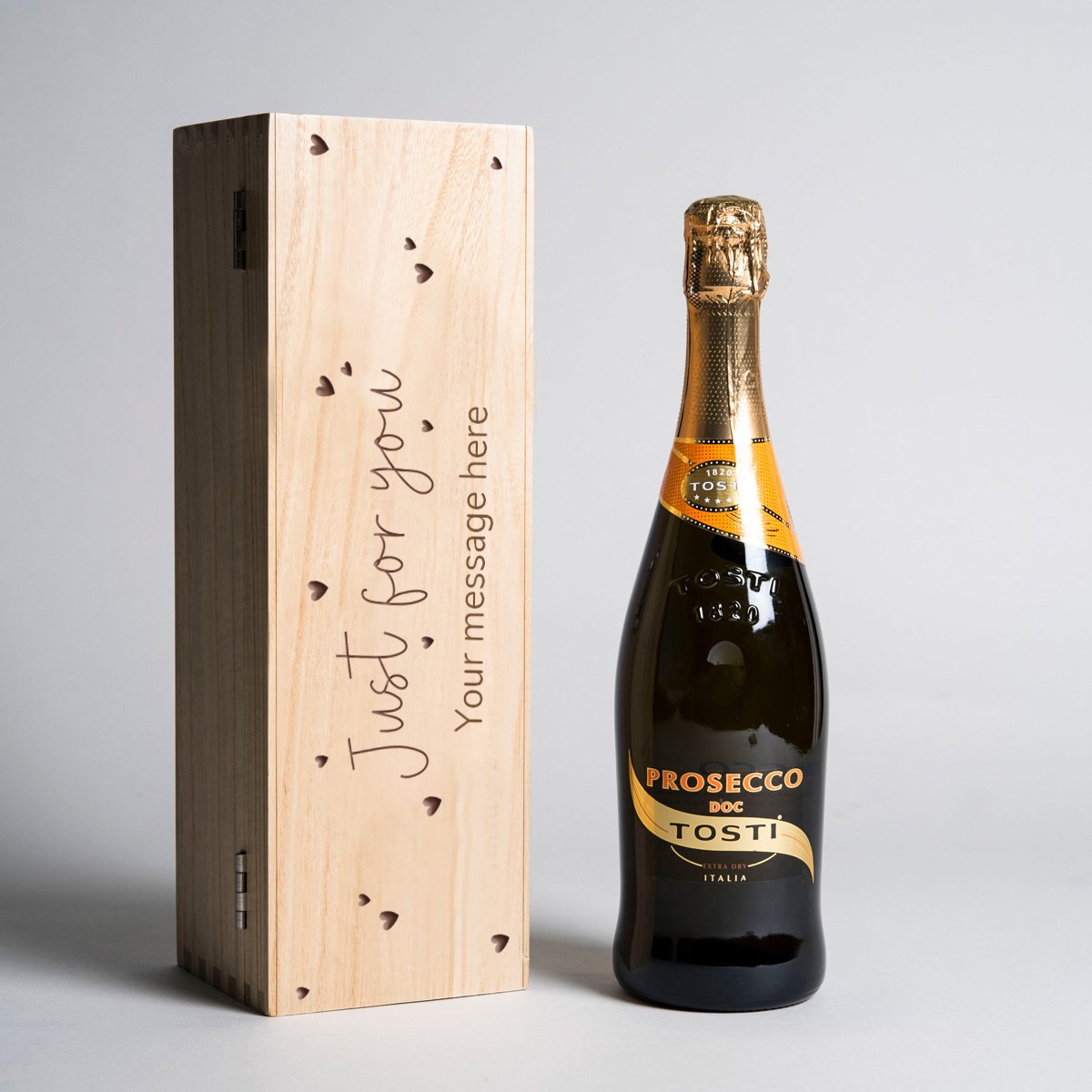 Engraved Wooden Box With Luxury Prosecco - Just For You Hearts