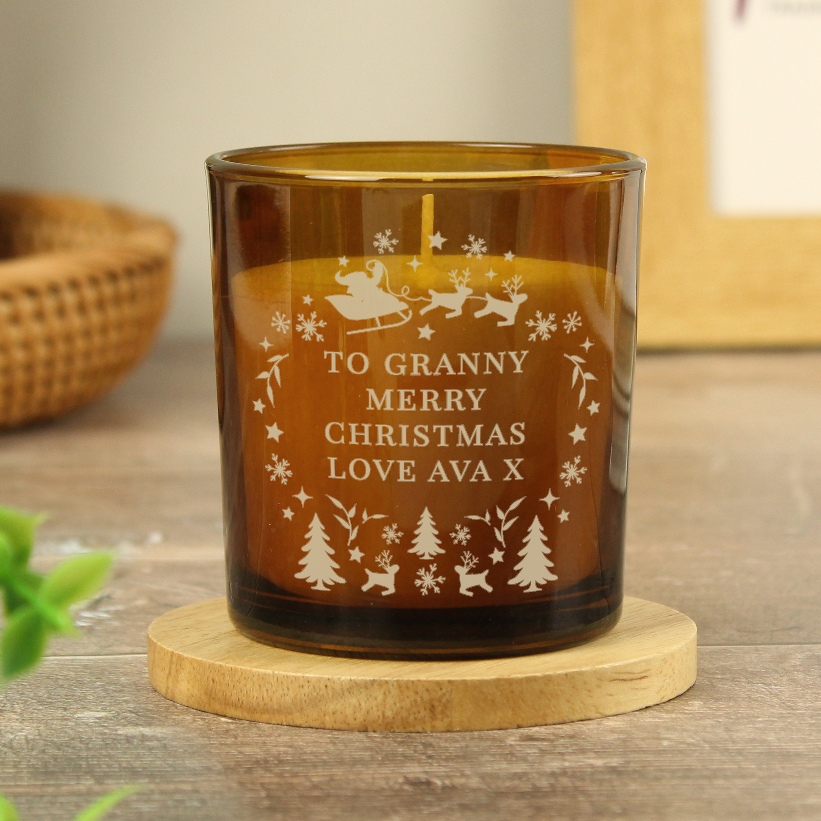 Personalised Engraved Christmas Amber Glass Candle