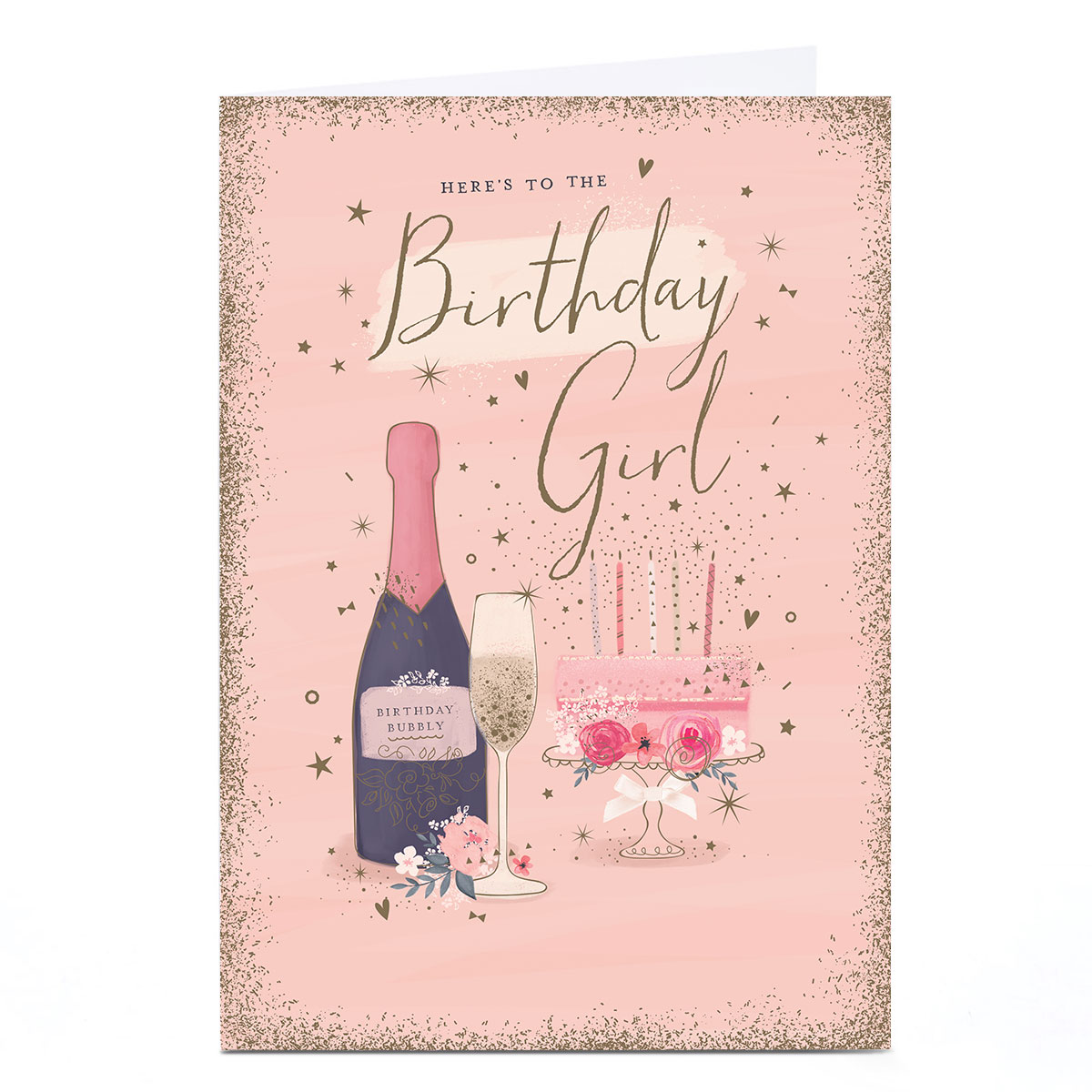 Personalised Birthday Card - Sparkle Champagne and Cake, Birthday Girl