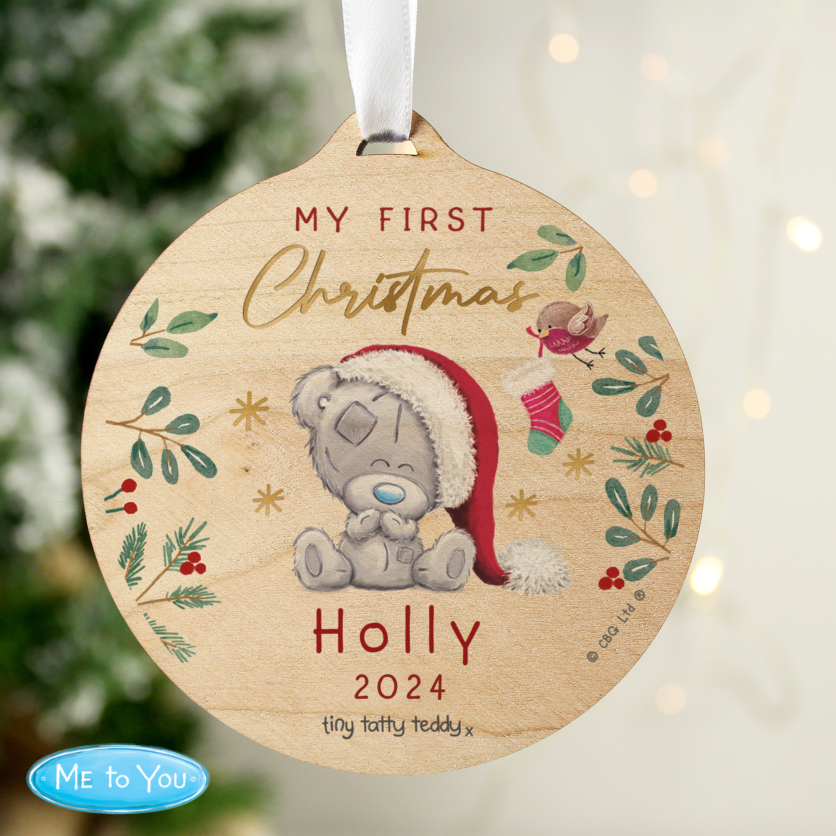 Personalised First Christmas Tiny Tatty Teddy Wooden Decoration