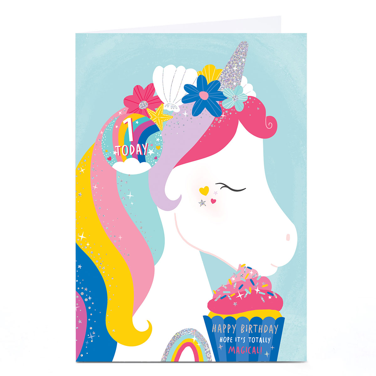 Personalised 1st Birthday Card - Rainbow Unicorn Cupcake