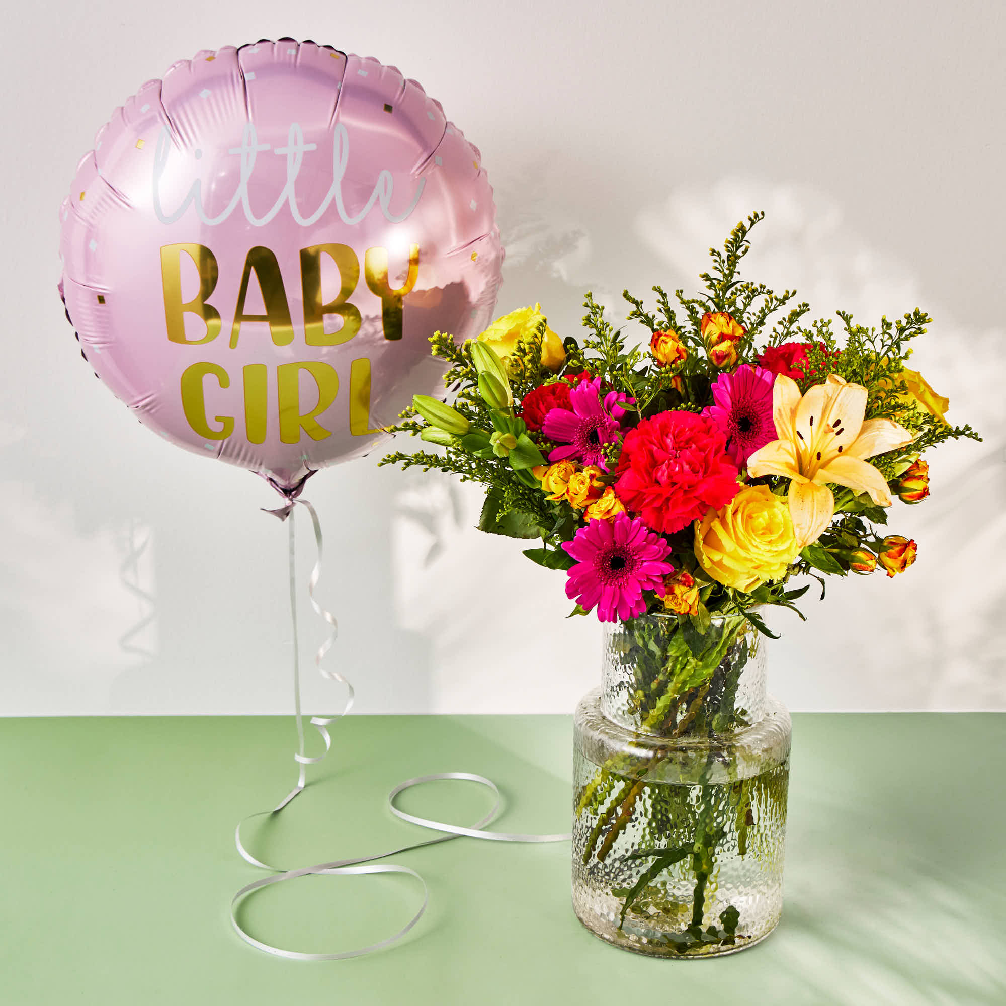 Baby Girl Balloon & Hawaiian Sunset Flower Bouquet