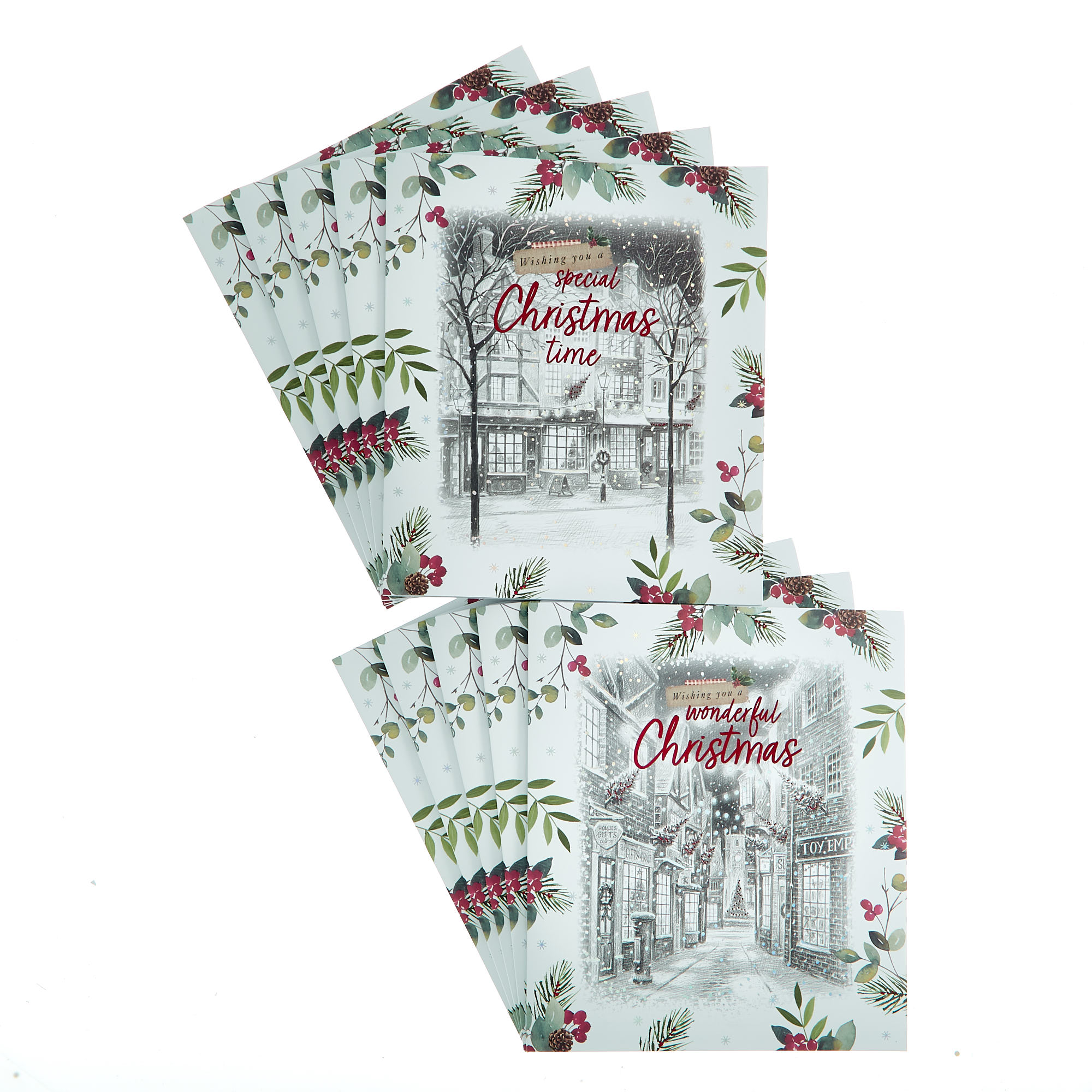 10 Premium Charity Boxed Christmas Cards - Village Streets (2 Designs) 