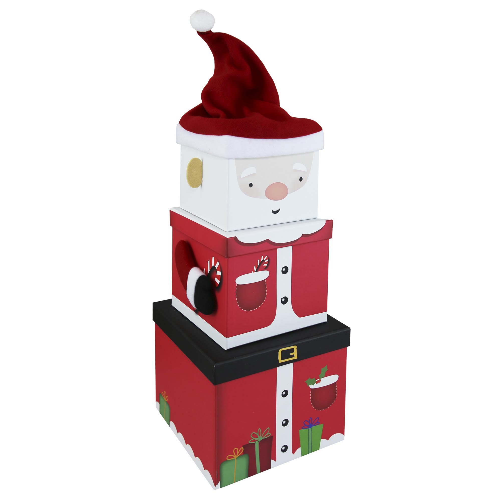 Large Stackable Plush Santa Claus Christmas Gift Boxes - Set of 3