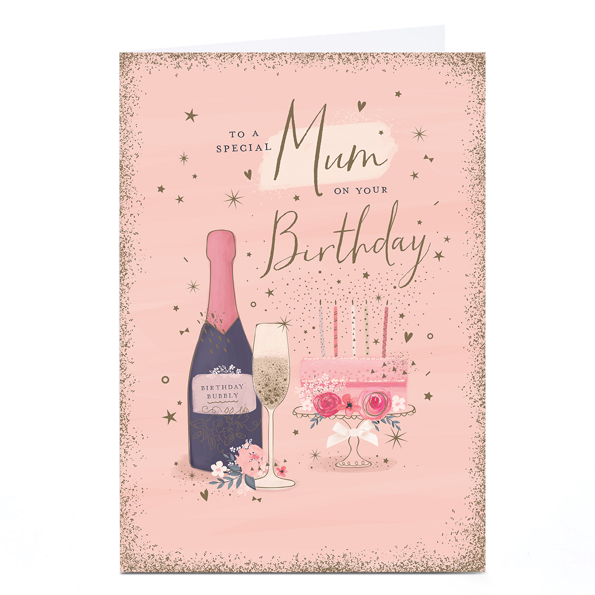 Personalised Birthday Card - Sparkle Champagne and Cake, Mum