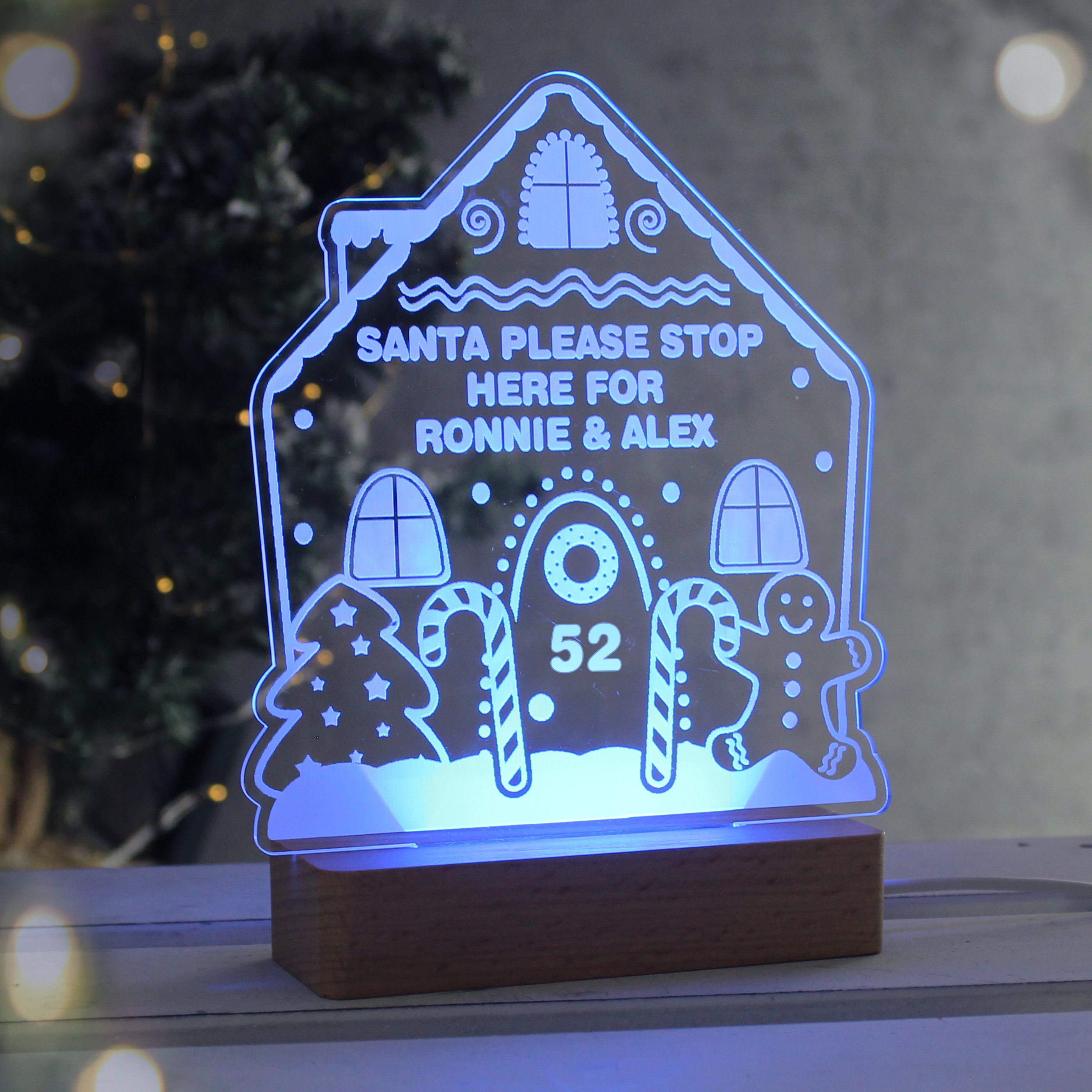 Personalised Gingerbread House Wooden Base LED Christmas Light