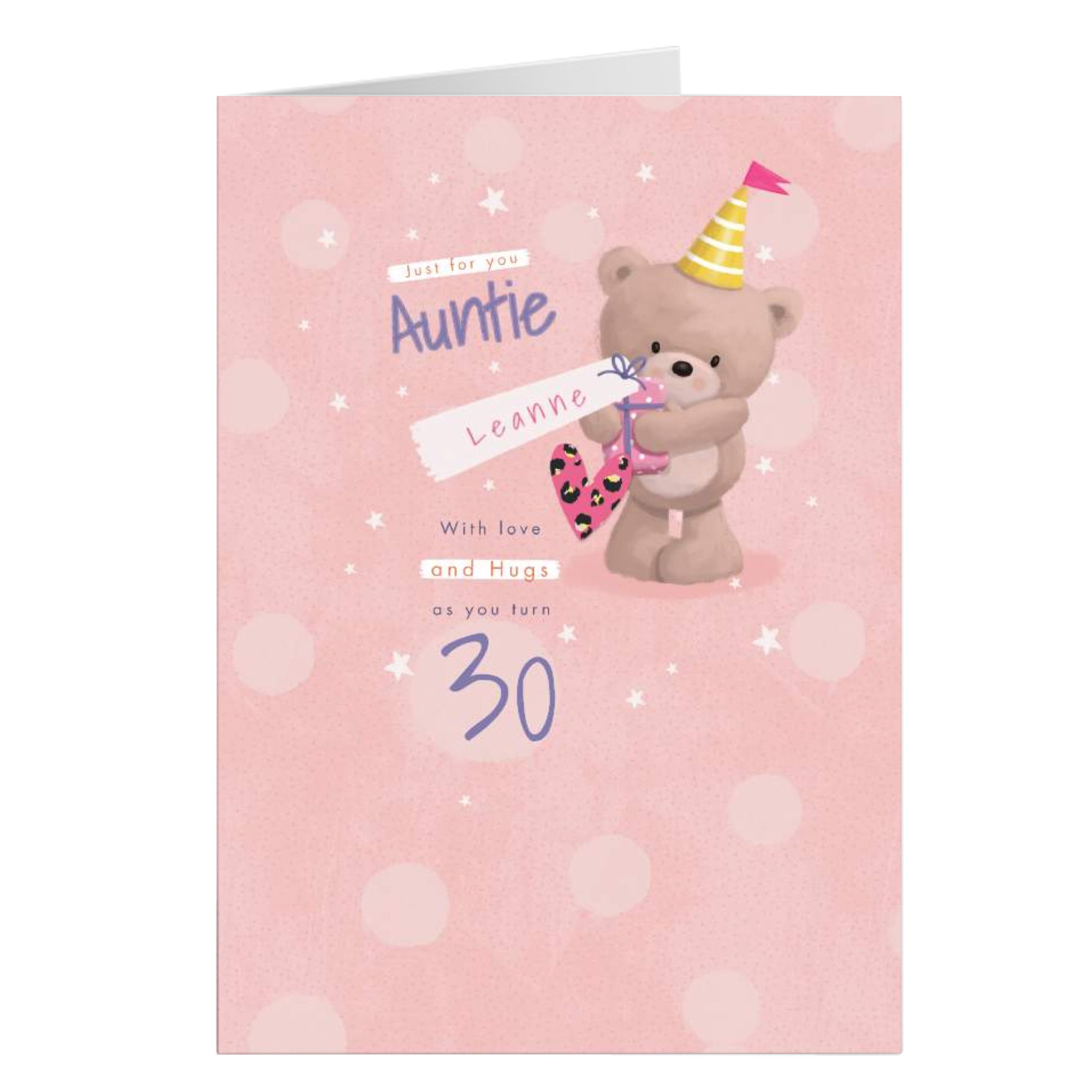 Personalised Hugs Bear Birthday Card - Just For You Auntie, Editable Age