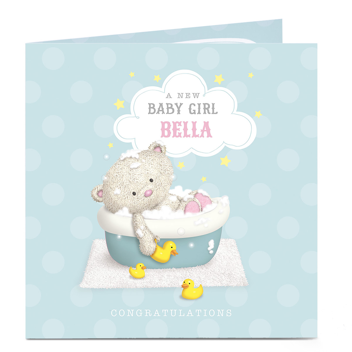 Personalised Hugs New Baby Card - Baby Girl Bath