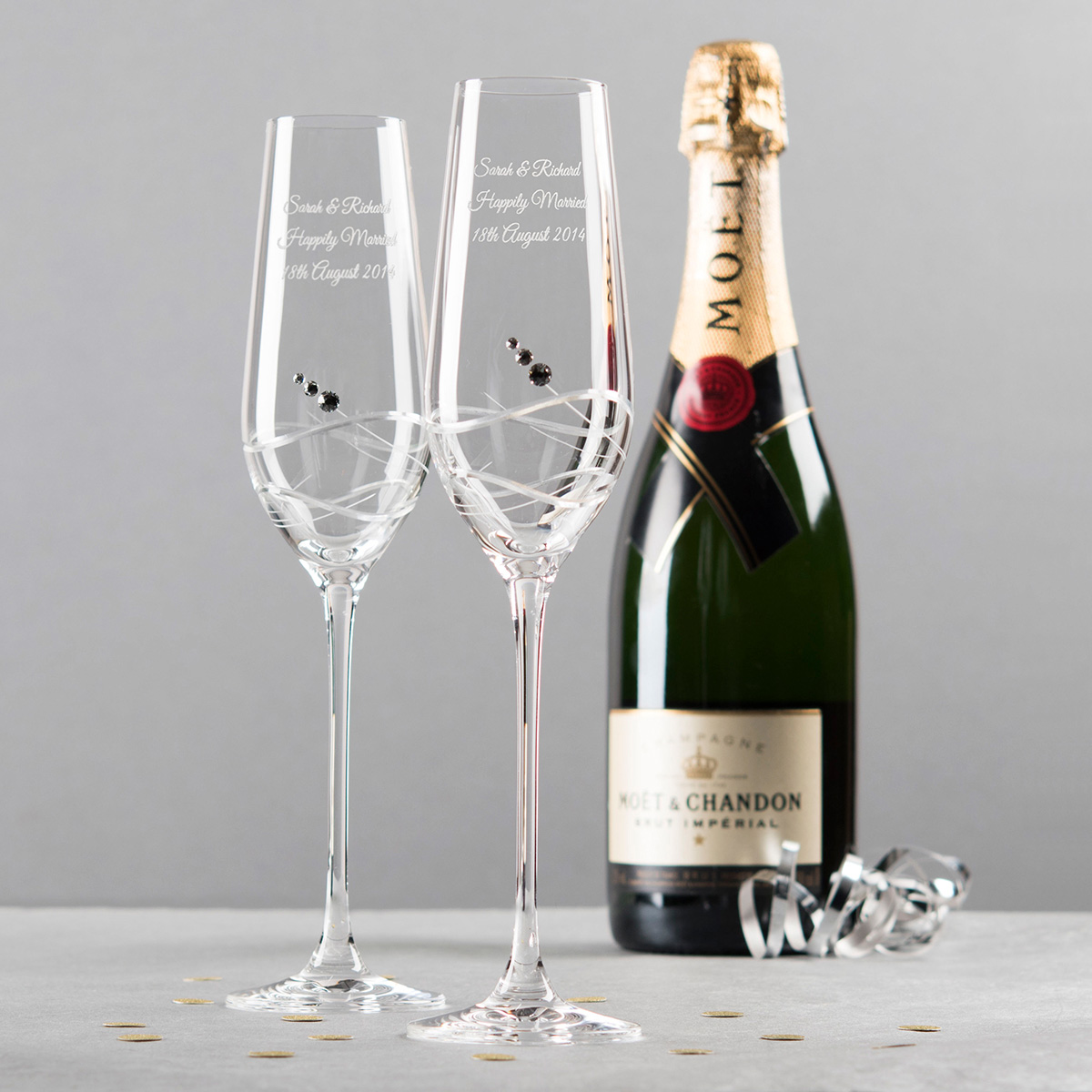 Engraved Set Of Two Champagne Flutes Embellished with Crystals - Swirls