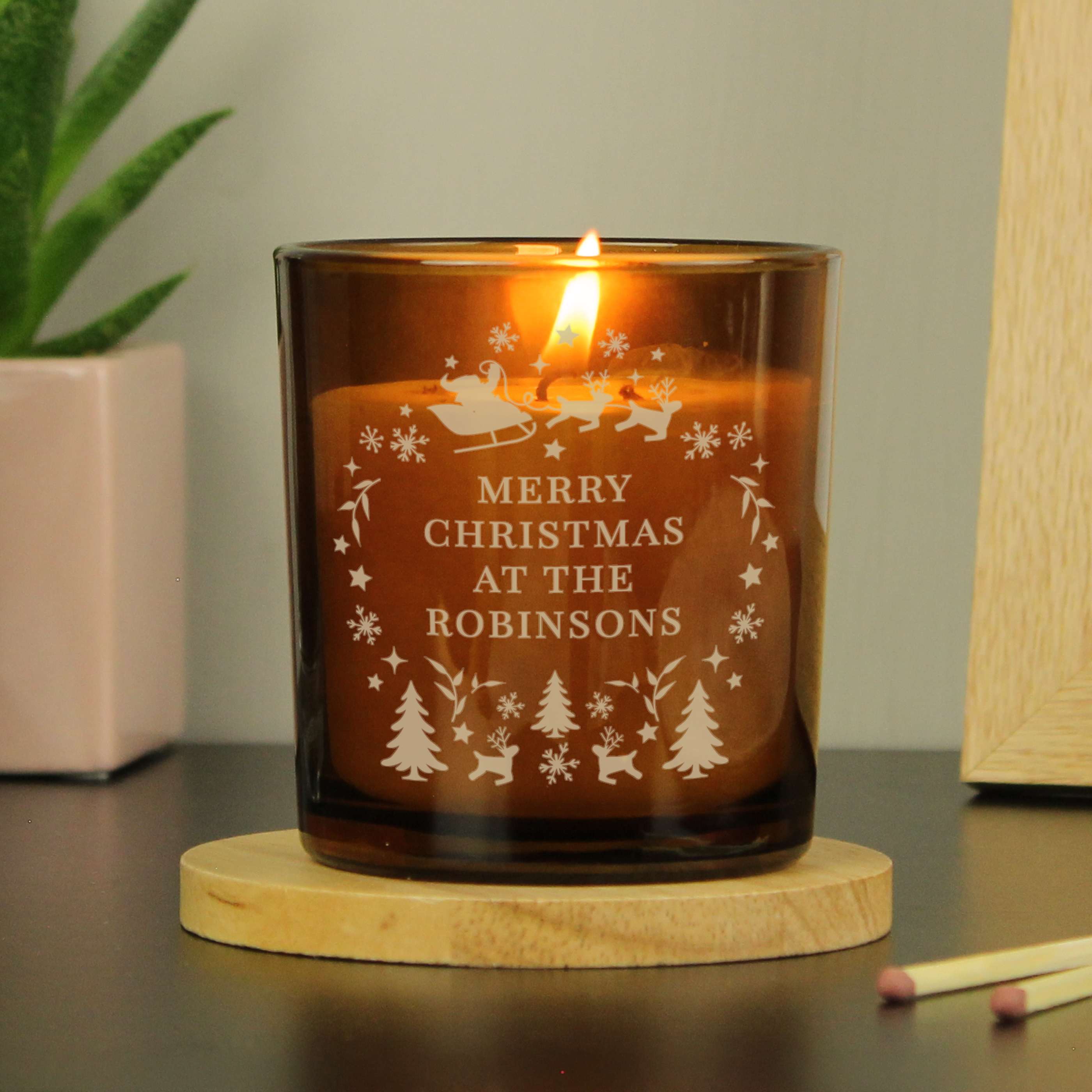 Personalised Engraved Christmas Amber Glass Candle