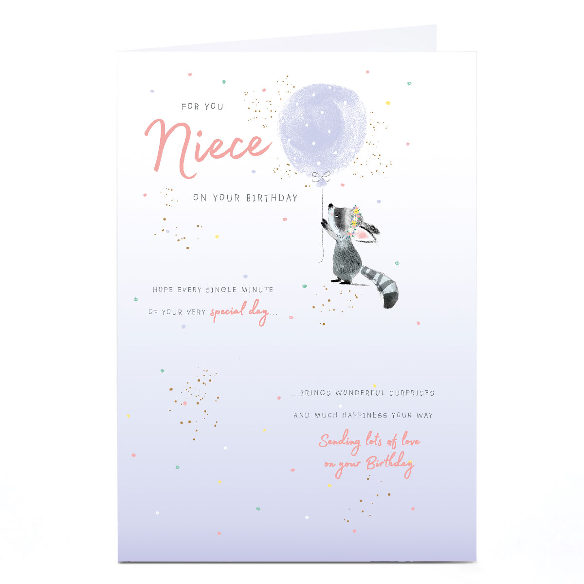 Personalised Birthday Card - Raccoon Sparkle Balloon, Niece