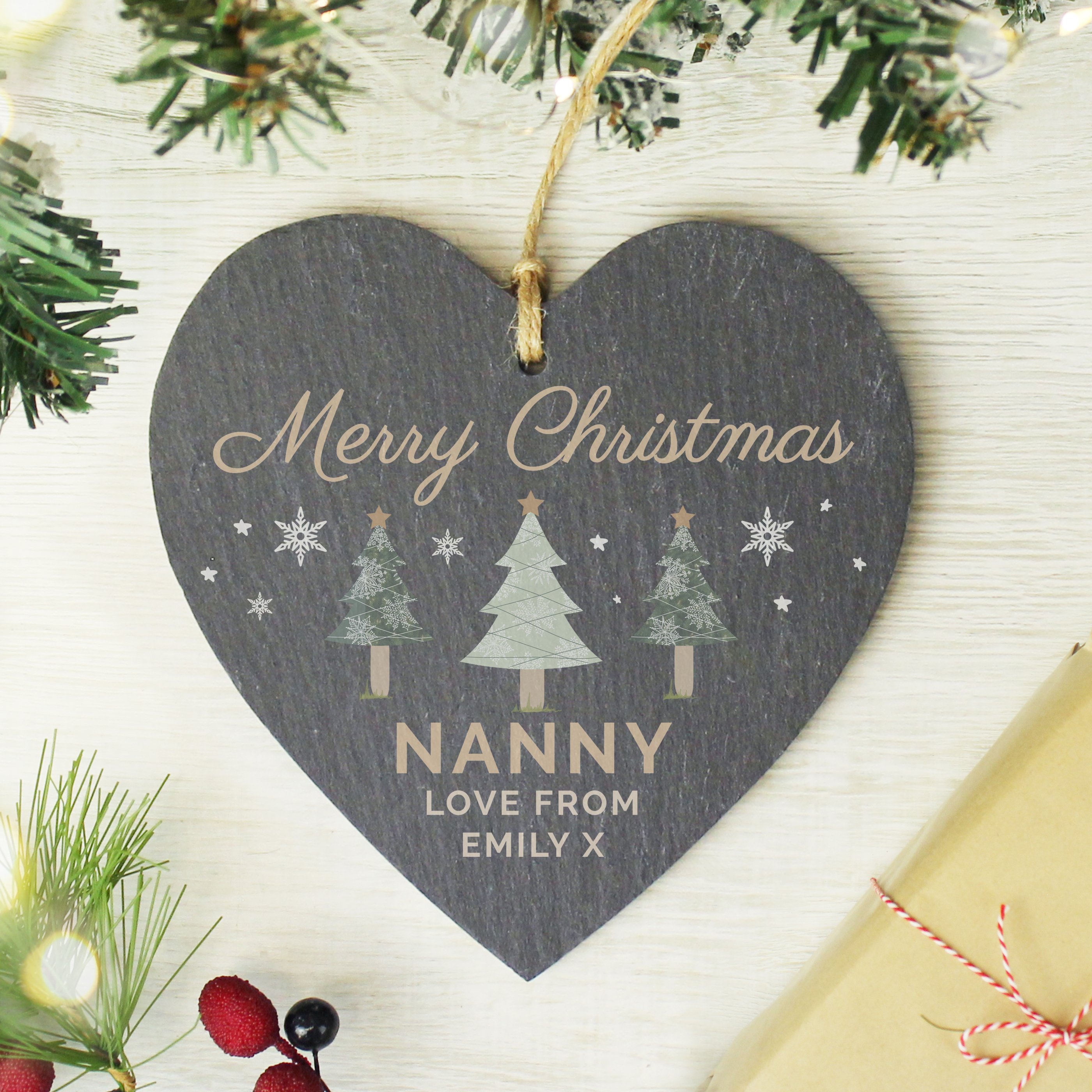 Personalised Christmas Tree Slate Heart Decoration