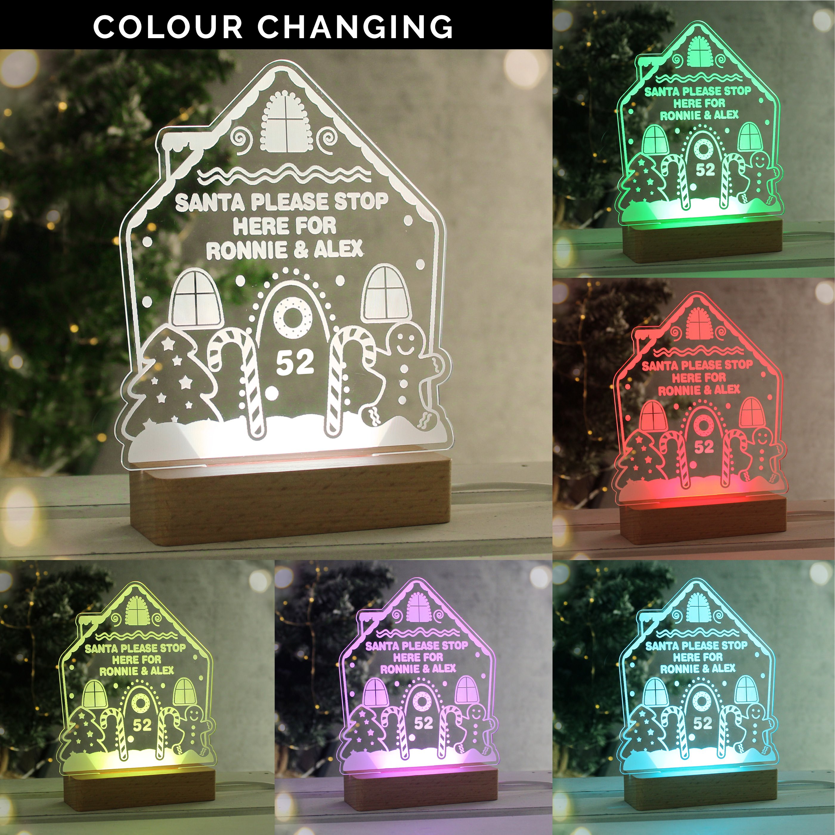 Personalised Gingerbread House Wooden Base LED Christmas Light