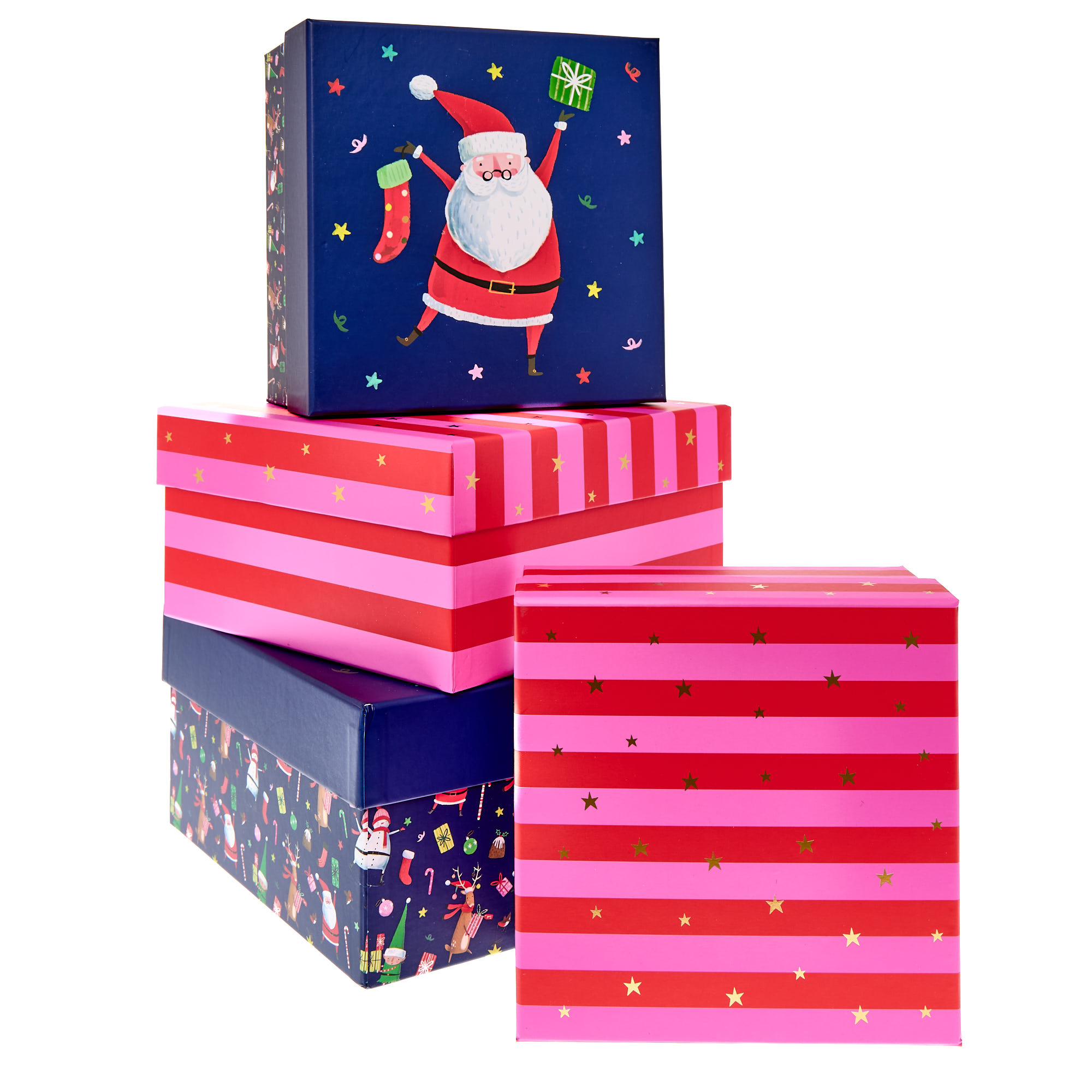 Pink & Red Stripes Christmas Gift Boxes - Set of 4