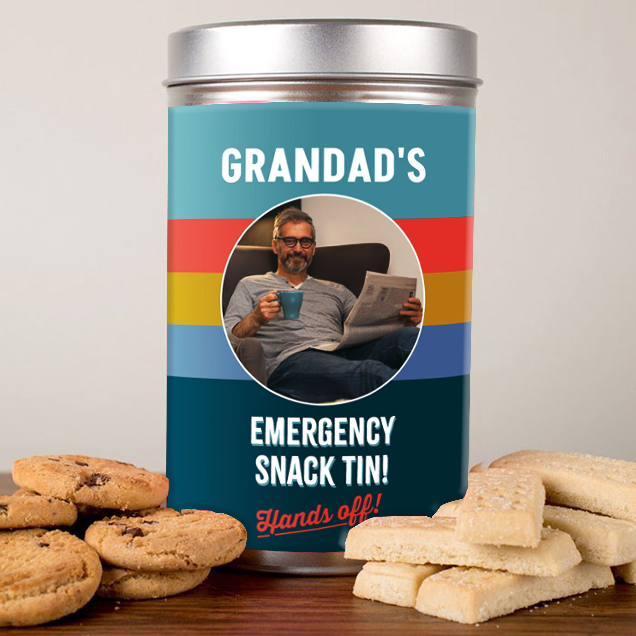 Photo Personalised Tin with Biscuits - Emergency Snack Tin, Grandad