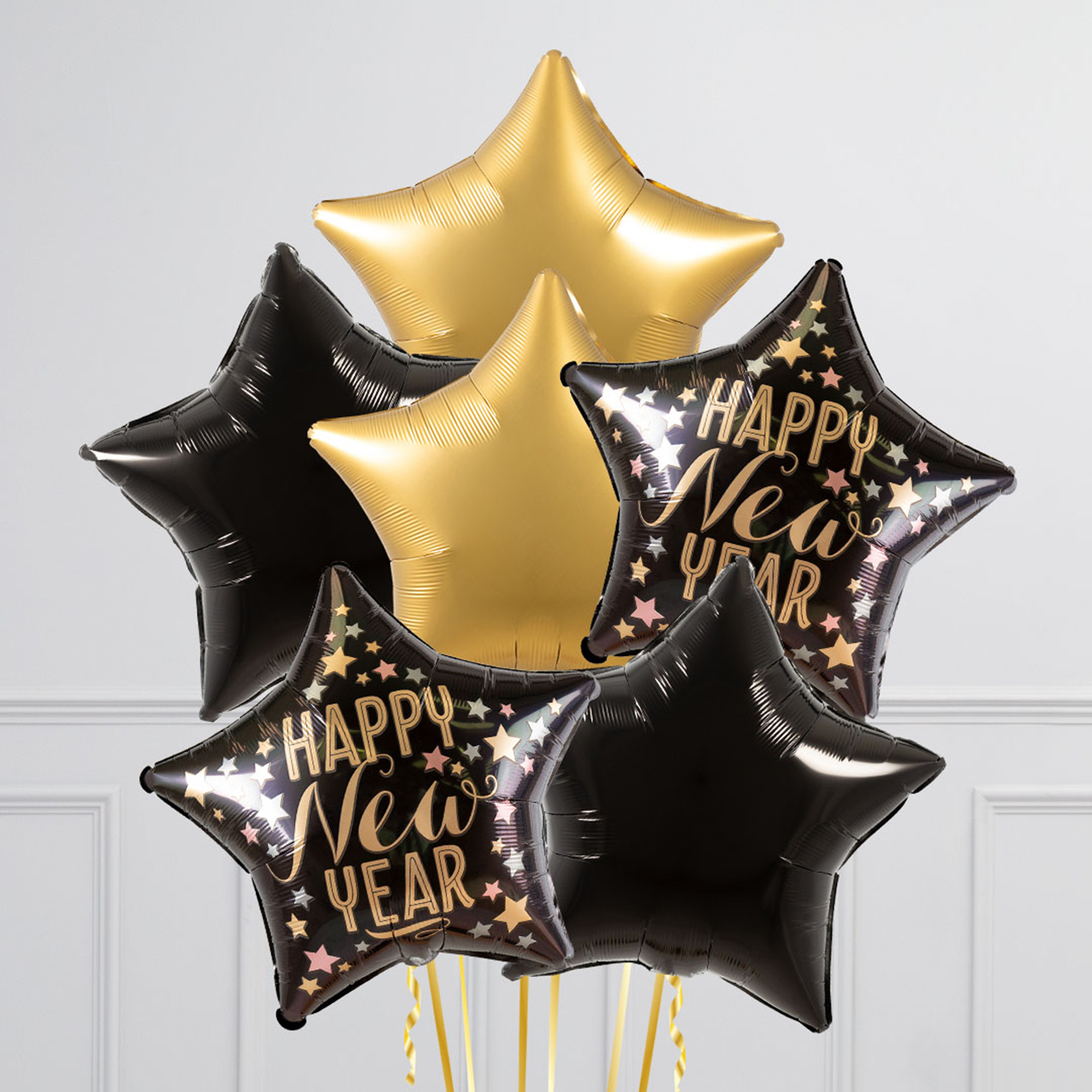 Happy New Year Satin Gold Stars Foil Balloon Bundle - DELIVERED INFLATED!