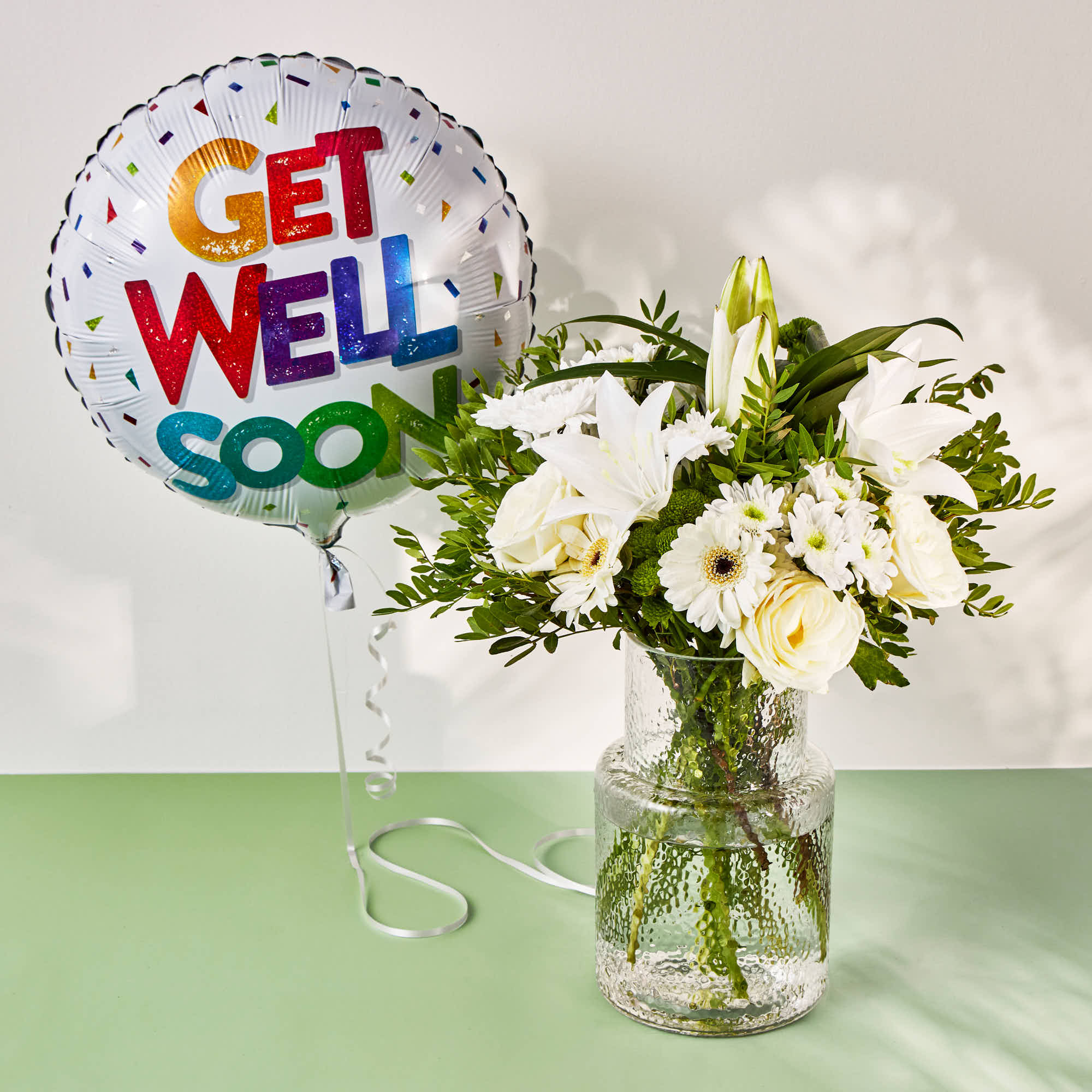 Get Well Soon Balloon & White Simplicity Flower Bouquet