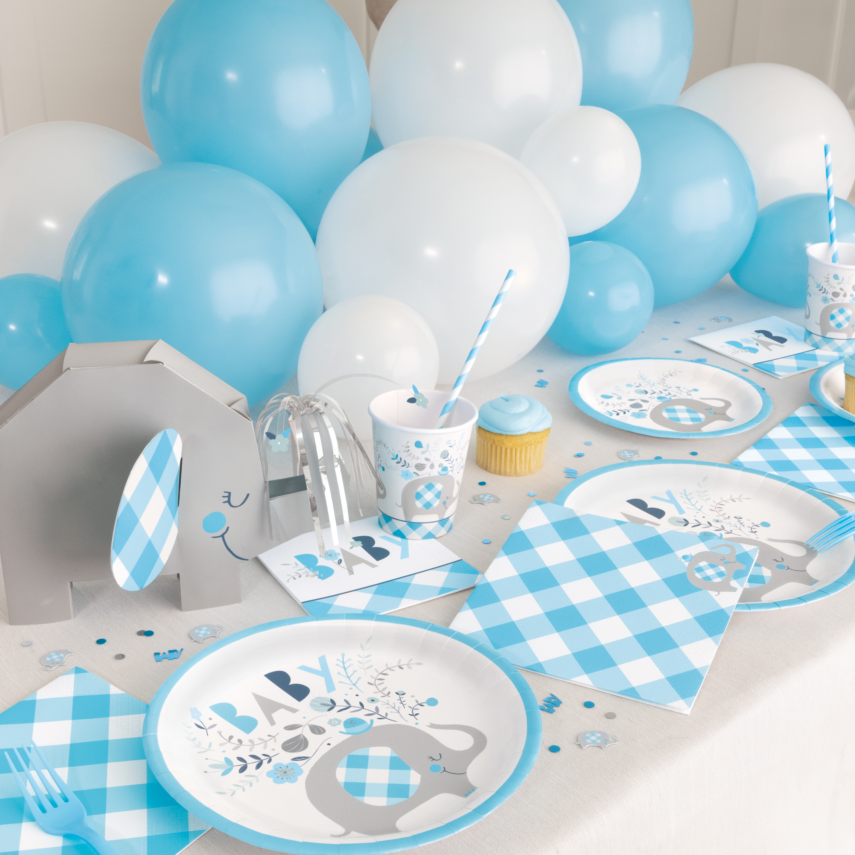 Blue Elephant Baby Shower Tableware & Decorations - 16 Guests