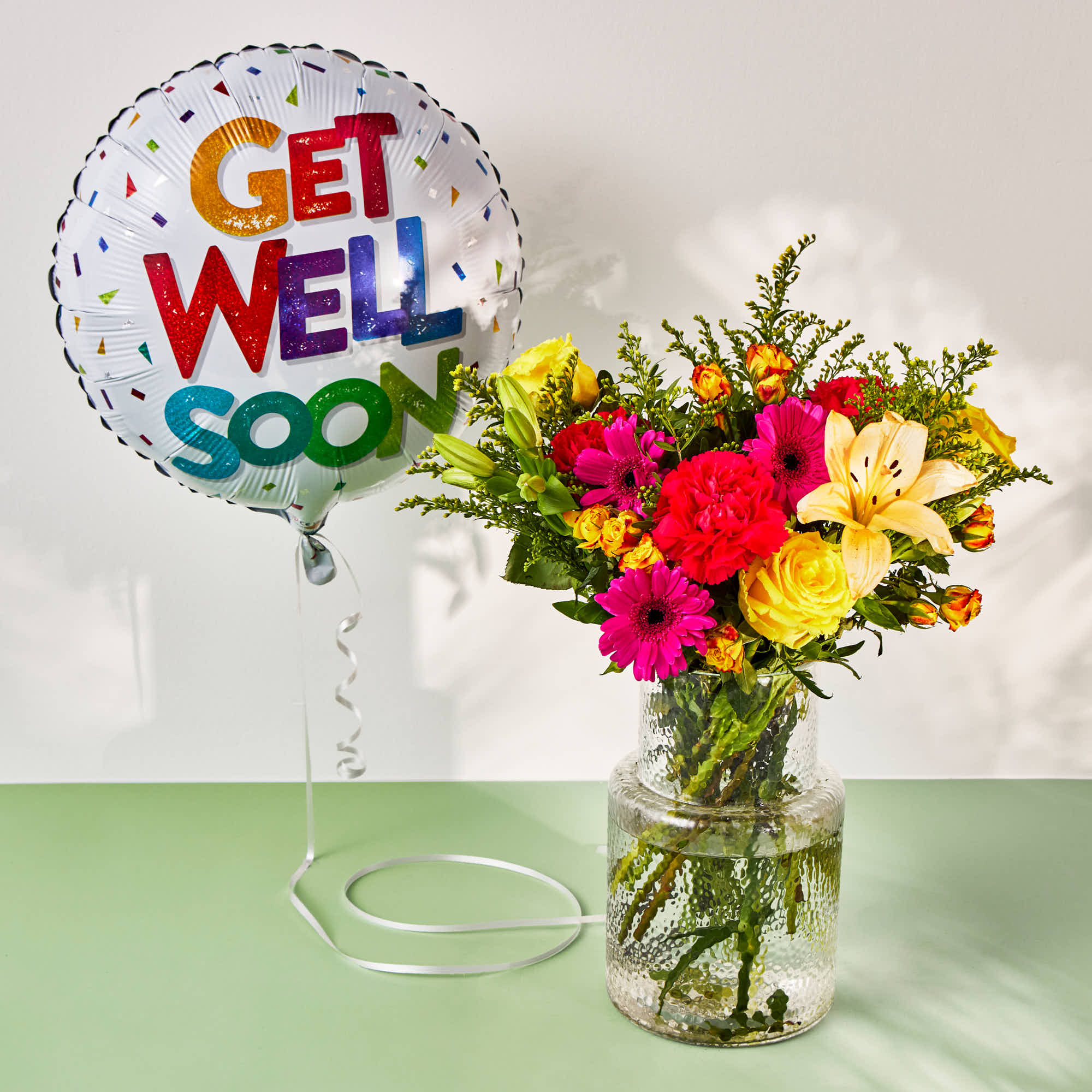 Get Well Soon Balloon & Hawaiian Sunset Flower Bouquet