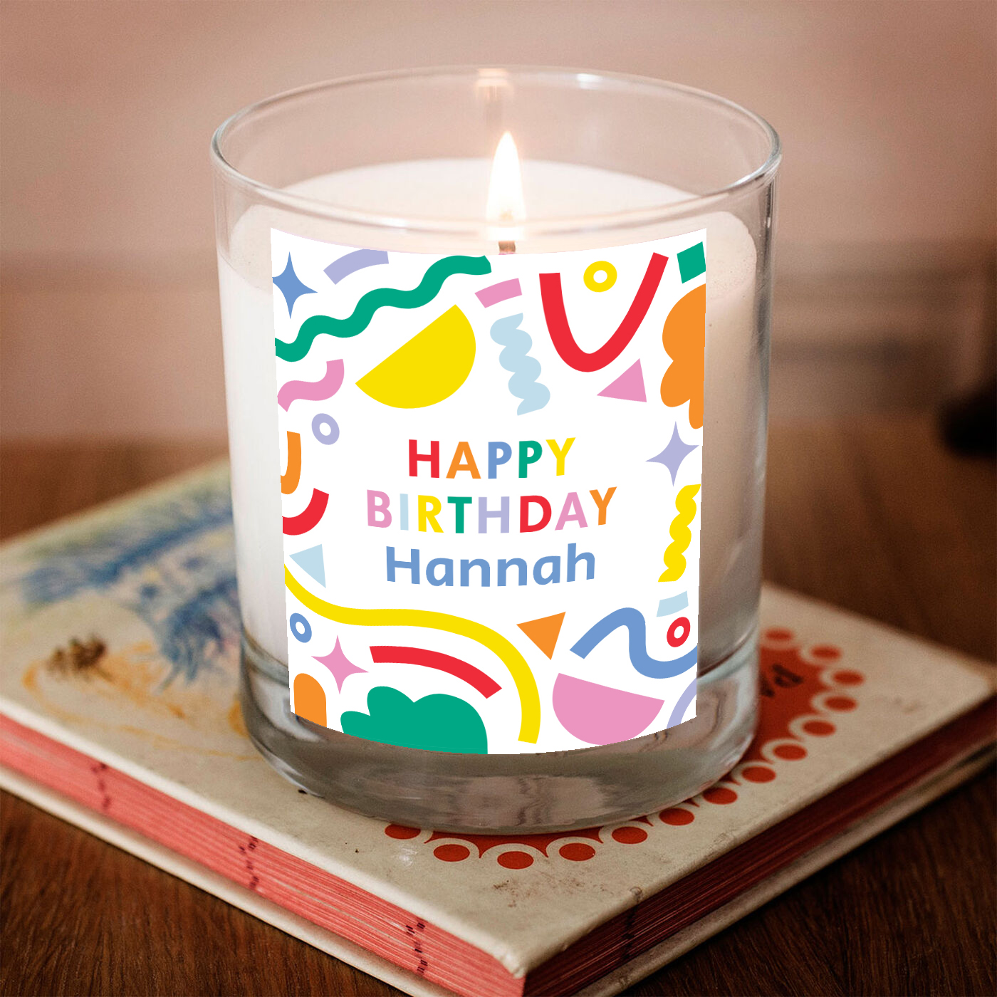 Personalised Pomegranate & Cashmere Scented Candle - Happy Birthday Bright Colours