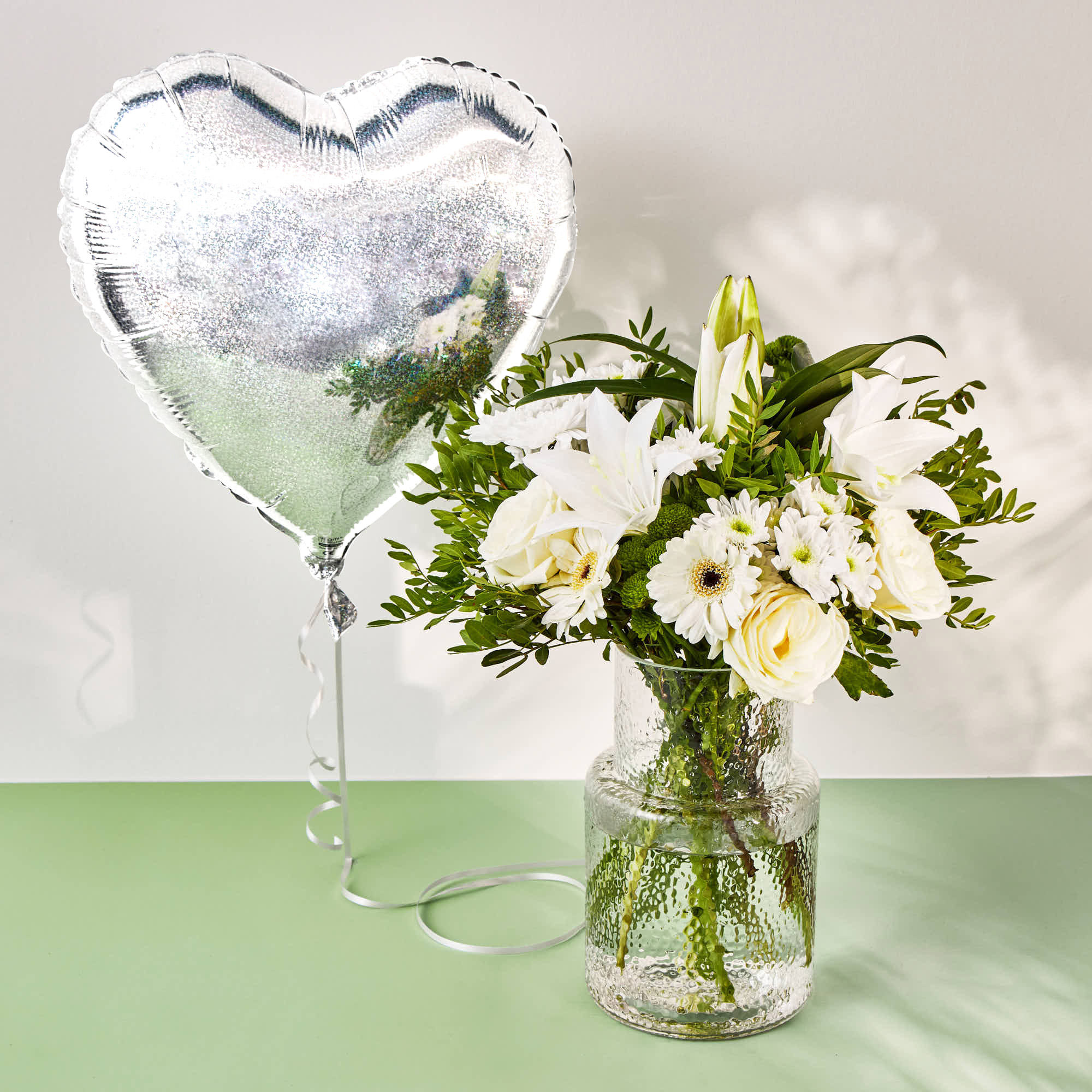 Silver Heart Balloon & White Simplicity Flower Bouquet 