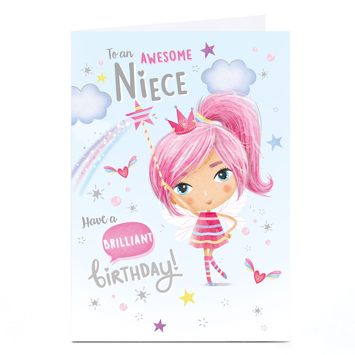 Personalised Birthday Card - Fairy Girl Stars and Rainbows, Niece