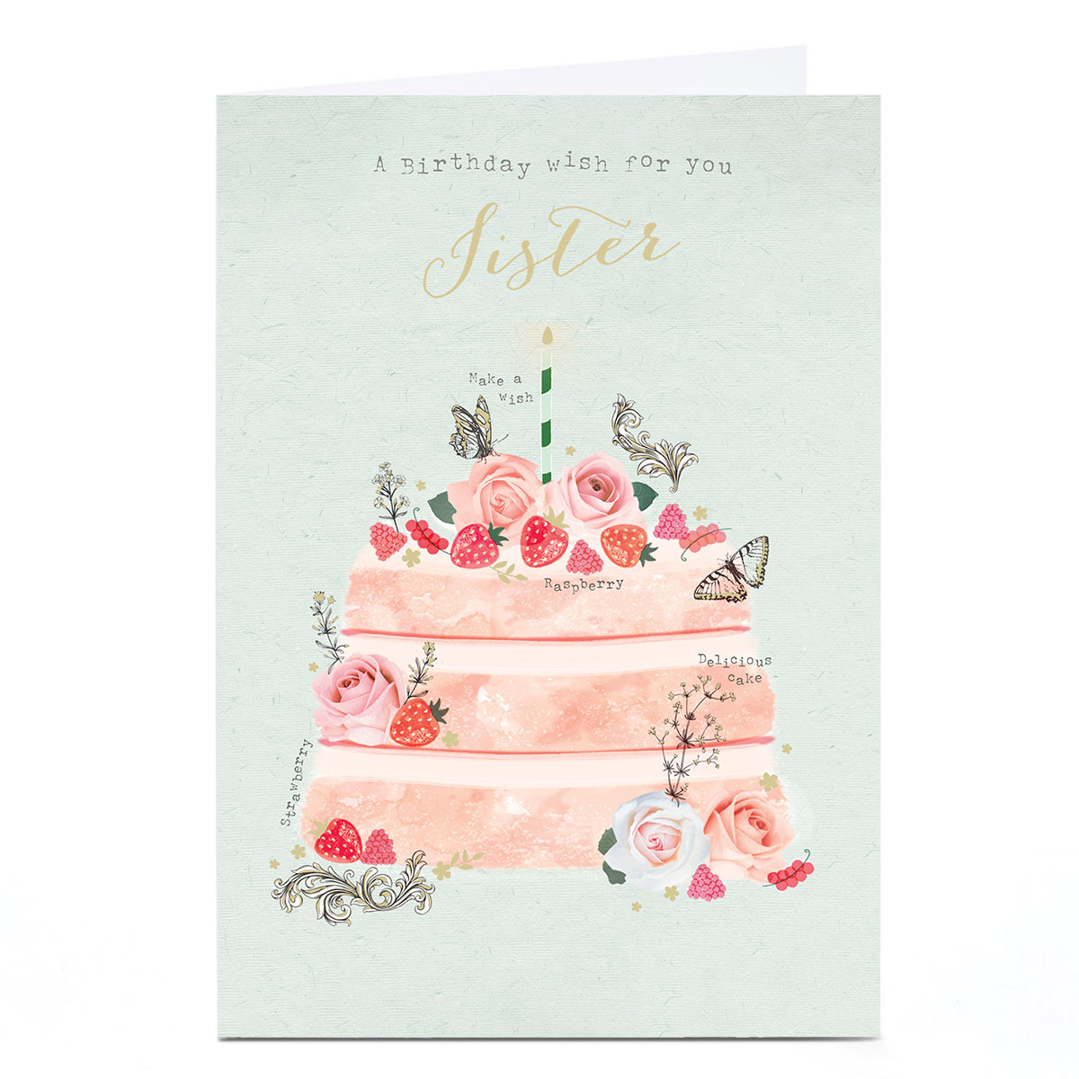 Personalised Birthday Card - Make a Wish Strawberry Cake, Sister