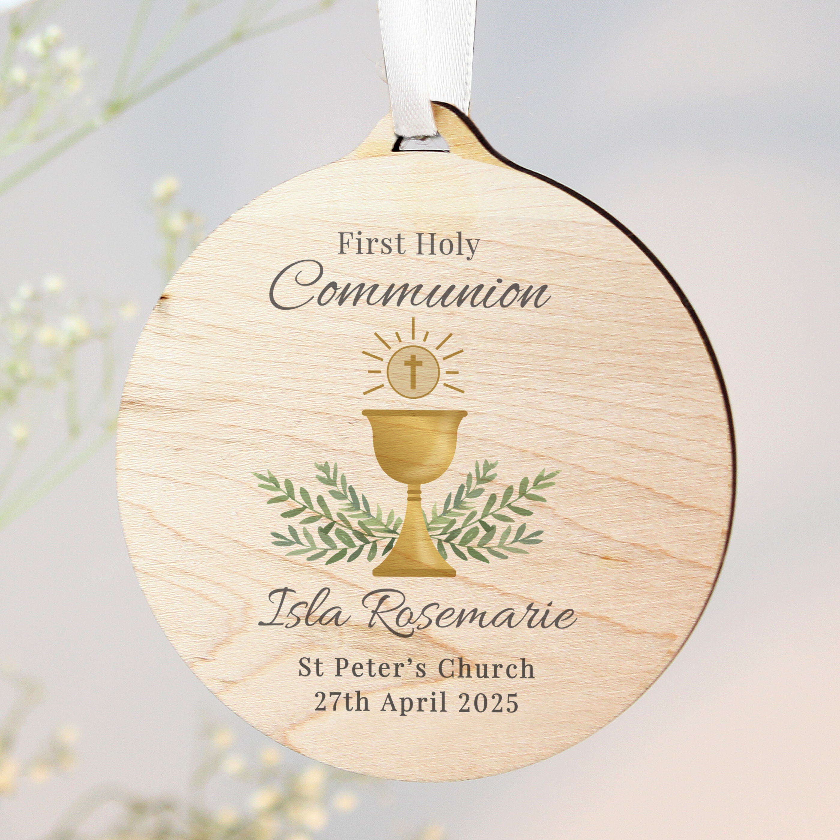 Personalised First Holy Communion Round Wooden Decoration