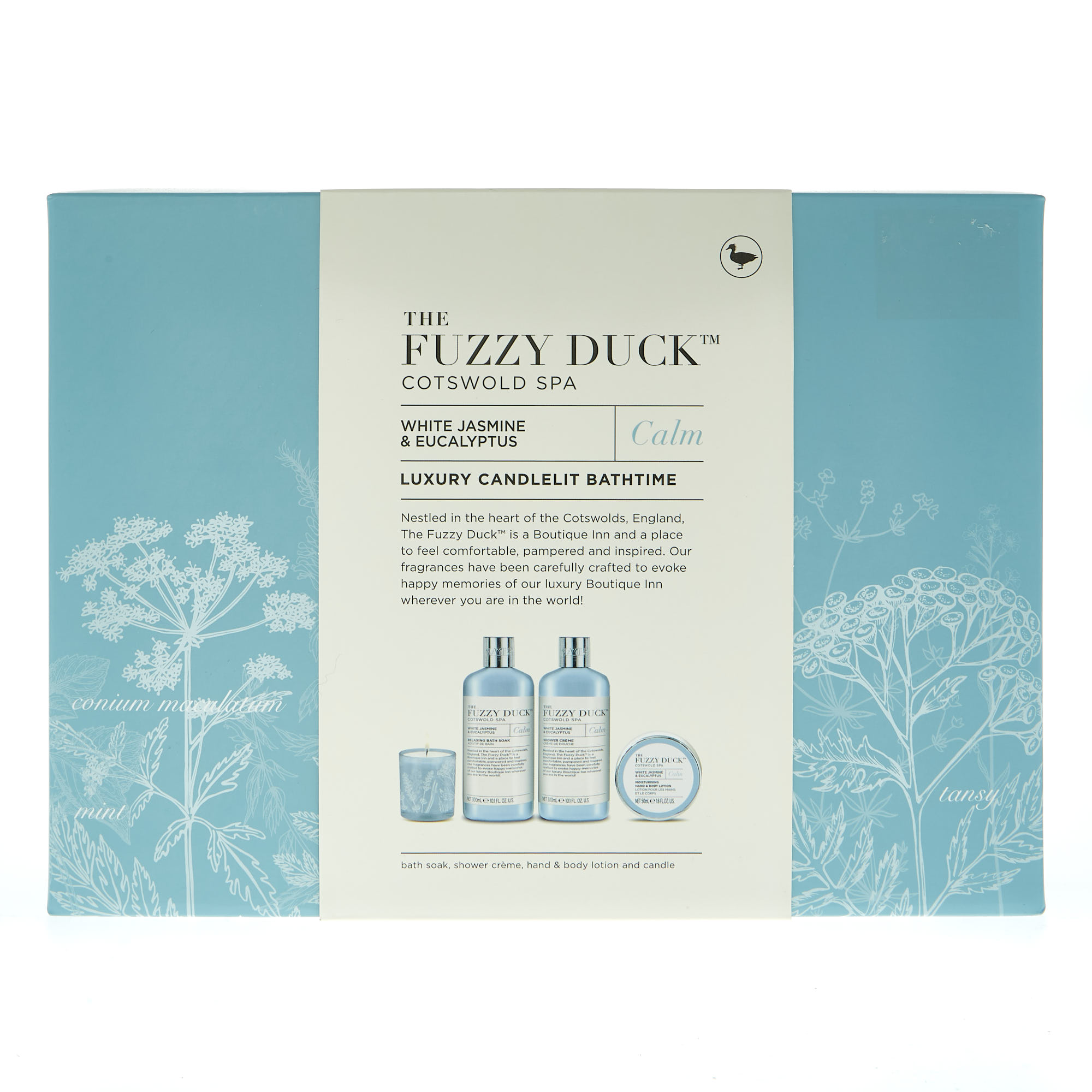 The Fuzzy Duck Cotswold Spa White Jasmine & Eucalyptus Luxury Candlelit Bathtime Set