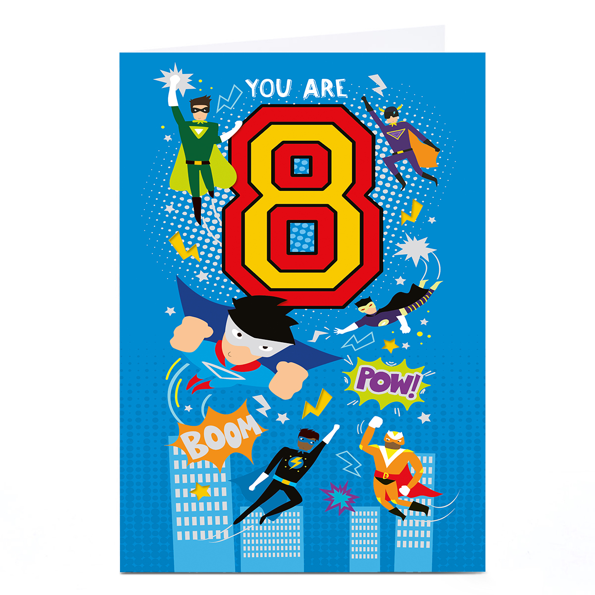 Personalised 8th Birthday Card - Flying Superheroes