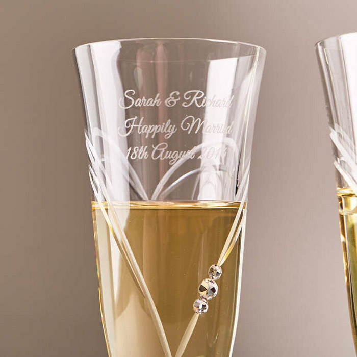 Engraved Set Of Two Beloved Heart Champagne Flutes Embellished with Crystals