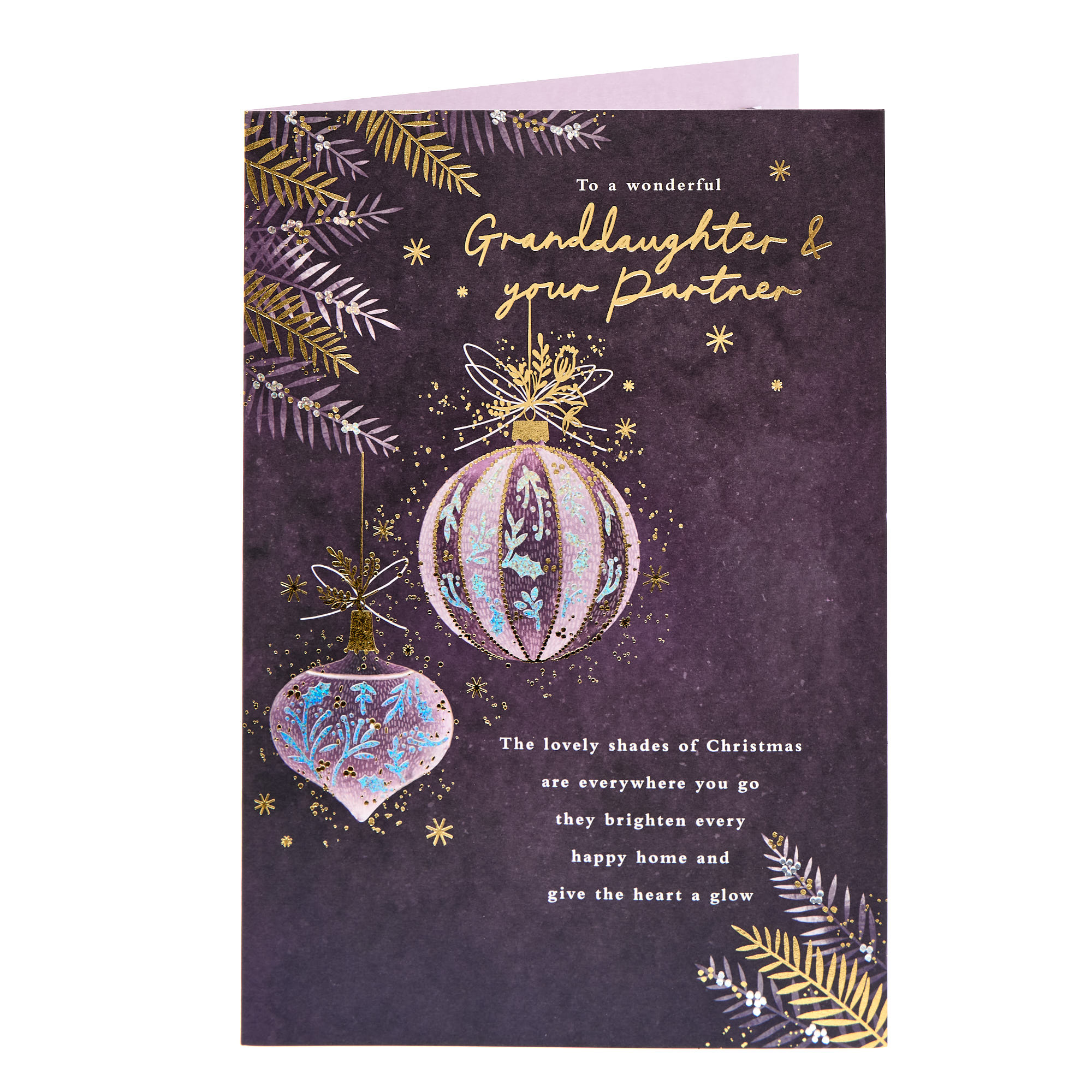 Granddaughter & Partner Purple Baubles Christmas Card