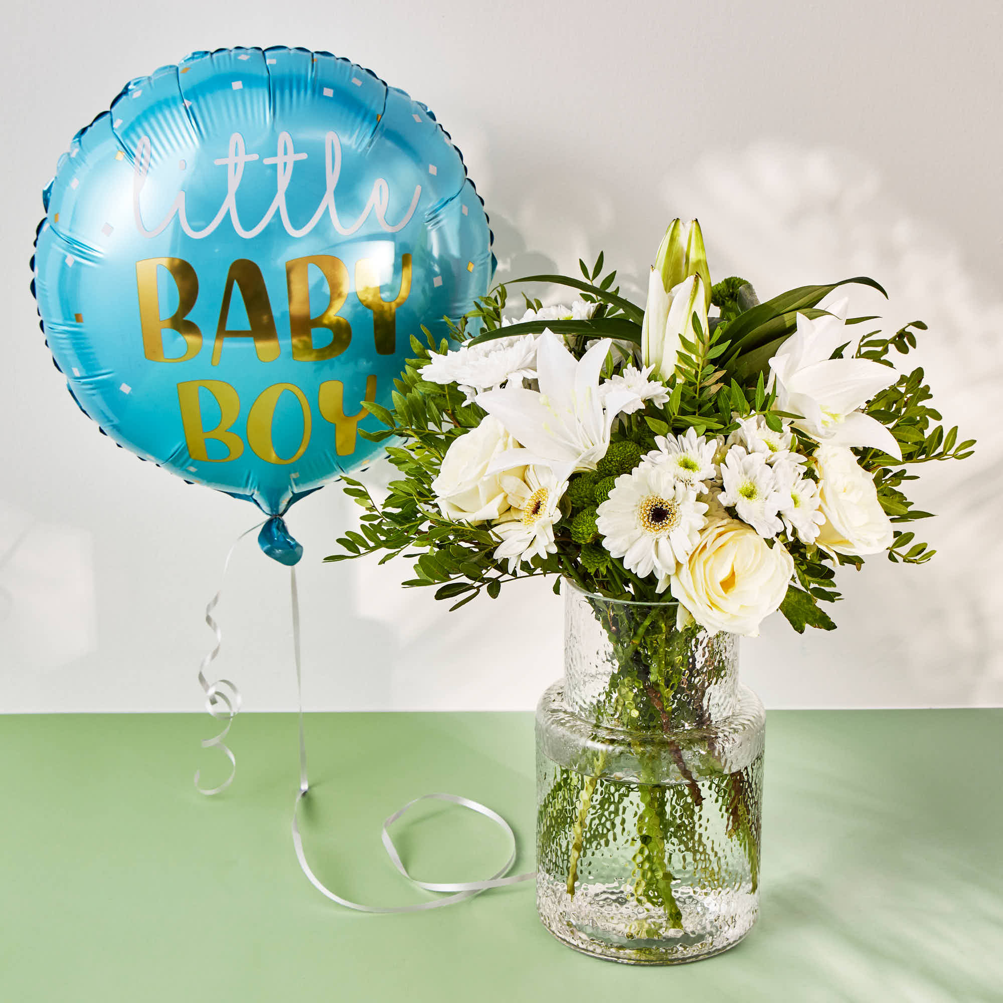 Baby Boy Balloon & White Simplicity Flower Bouquet