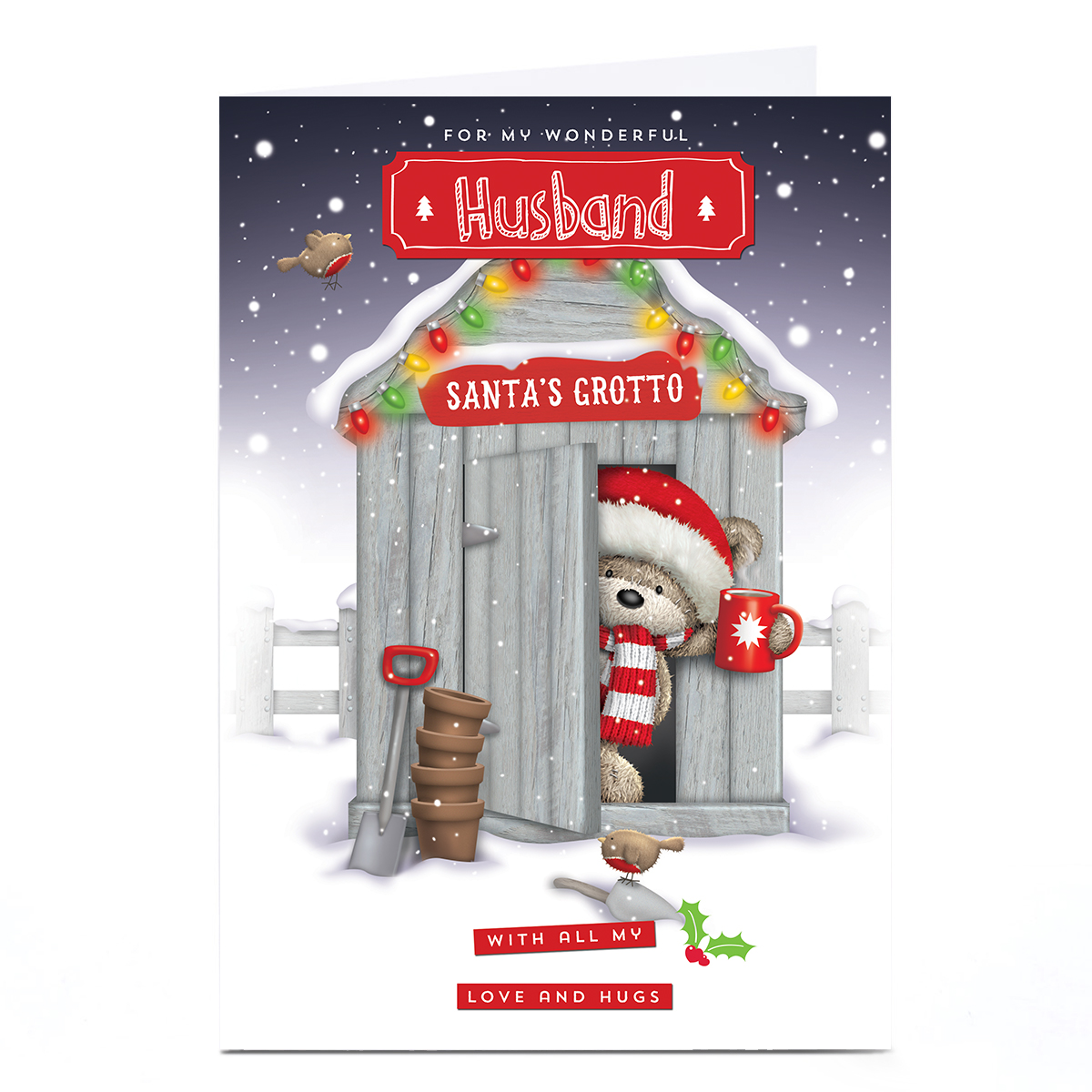 Personalised Hugs Christmas Card - Santa's Grotto, Husband