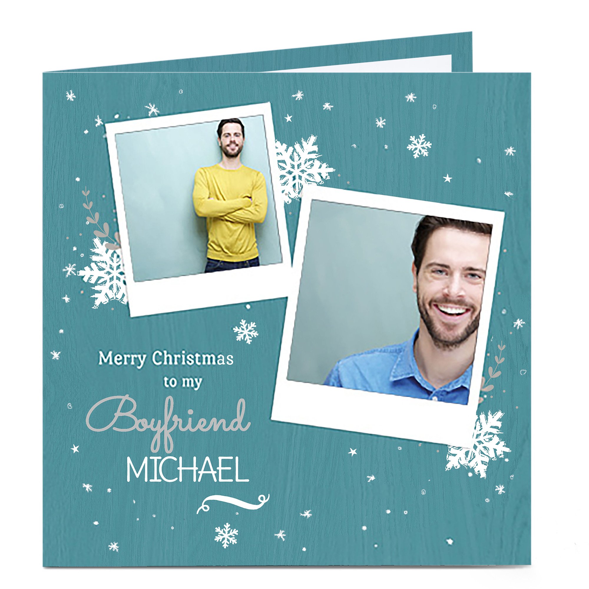 Photo Christmas Card - Boyfriend Blue Snowflakes Photo