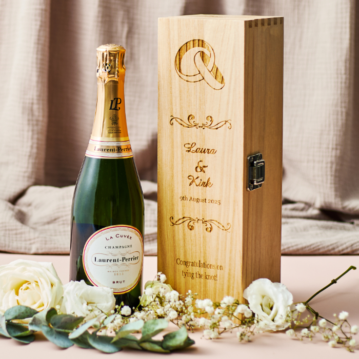 Engraved Wooden Box With Laurent-Perrier Champagne - Wedding Rings