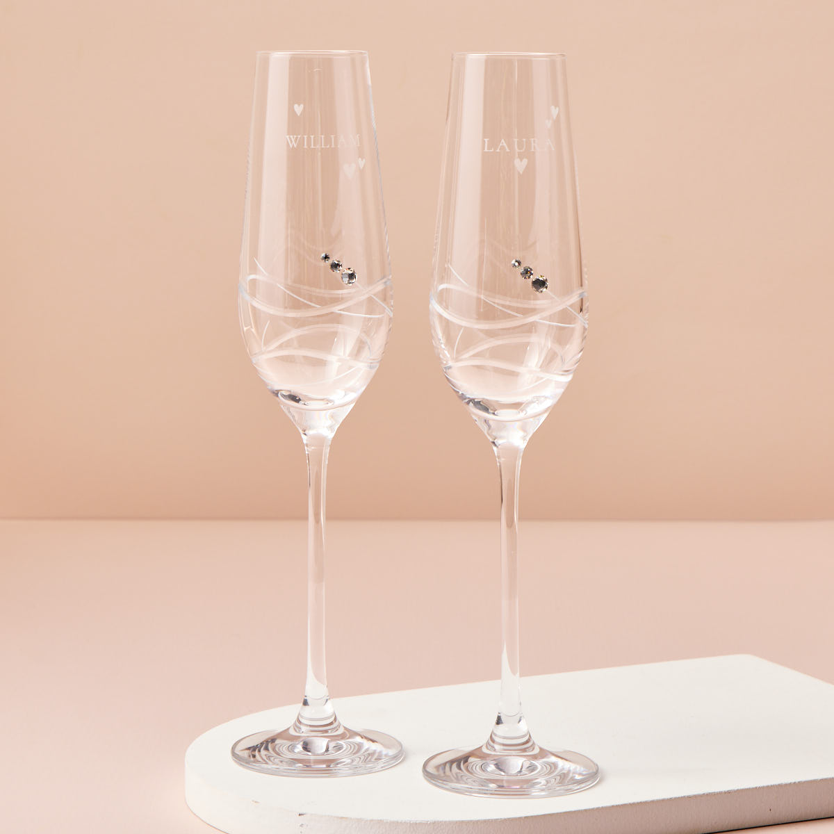 Engraved Set Of Two Champagne Flutes embellished with Crystals - Names and Love Hearts