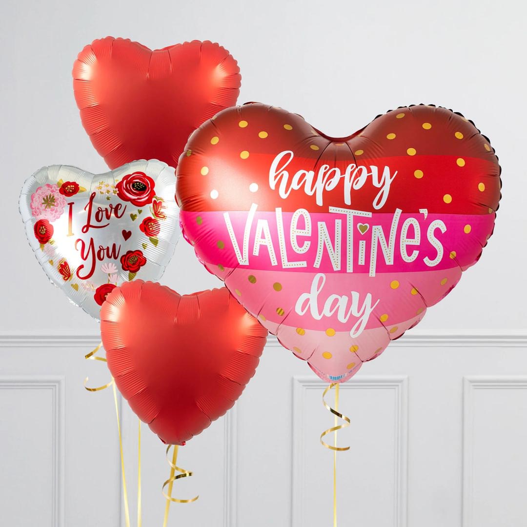 Stripy Valentine's Day Heart Flower Bouquet Balloon Package - Delivered Inflated!