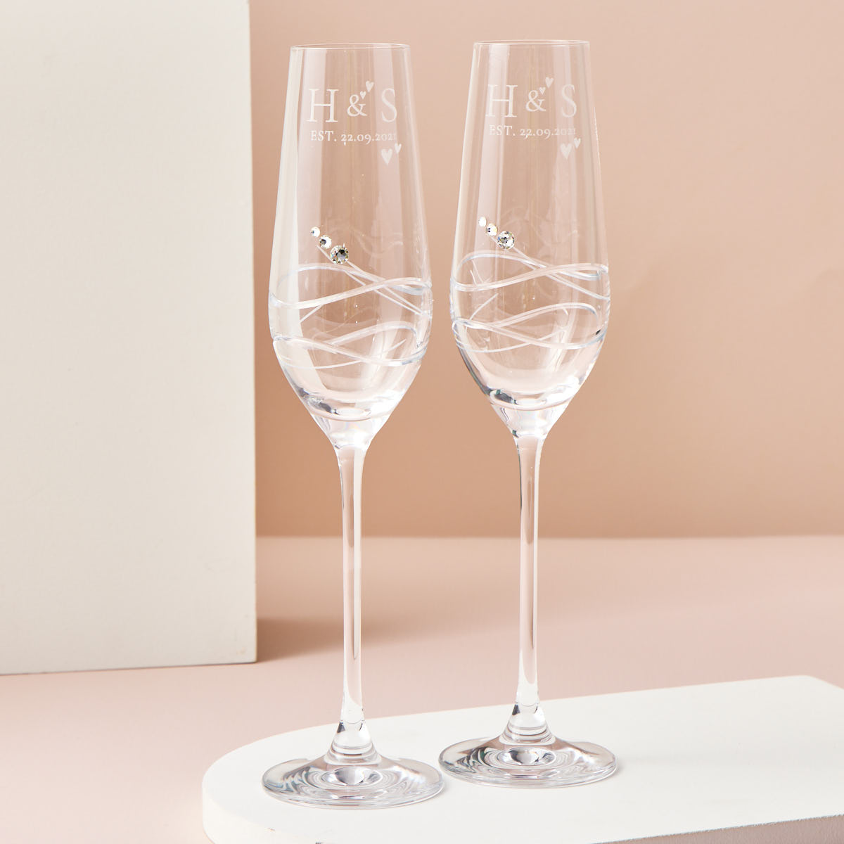 Engraved Set Of Two Champagne Flutes embellished with Crystals - Initial Love Hearts